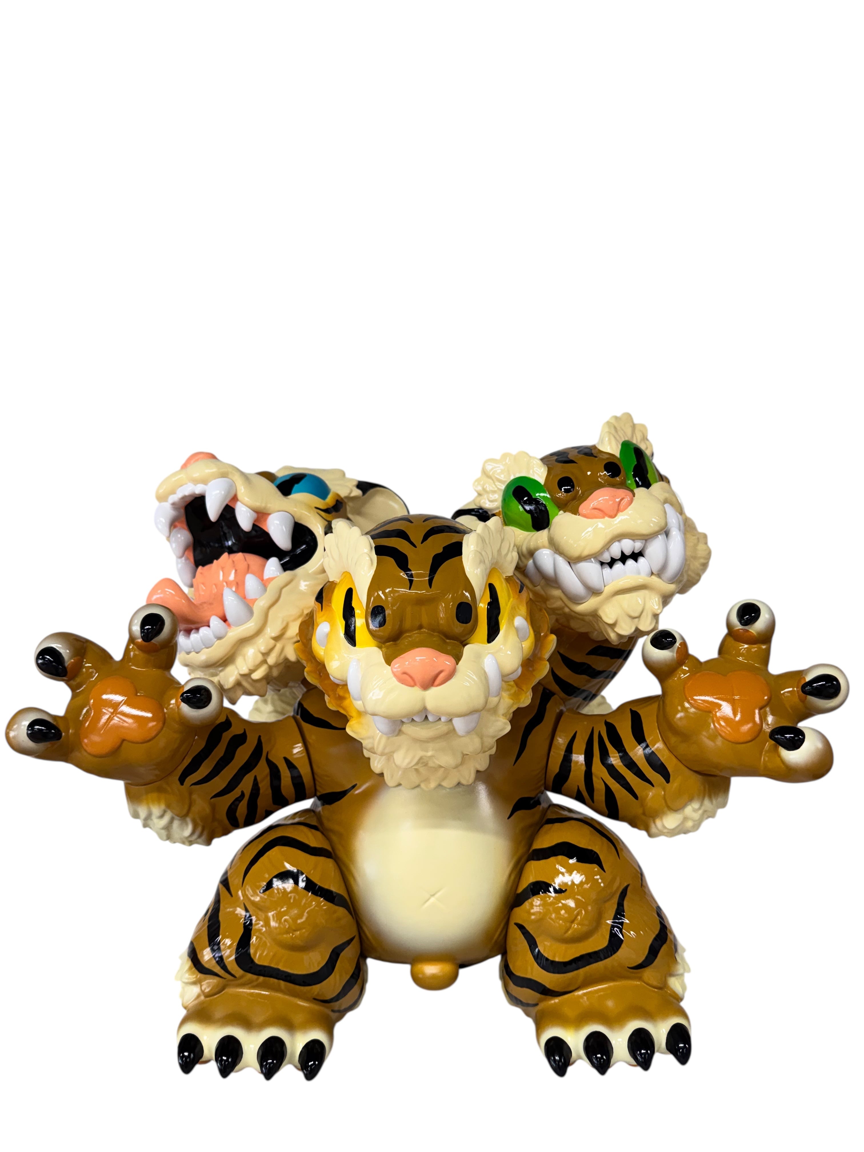 Three Headed Fierce Tiger Koshow by Grape Brain, a 6-inch soft vinyl toy with intricate paint design by Candie Bolton, featuring cartoonish animal figures. Limited edition of 100 pieces.