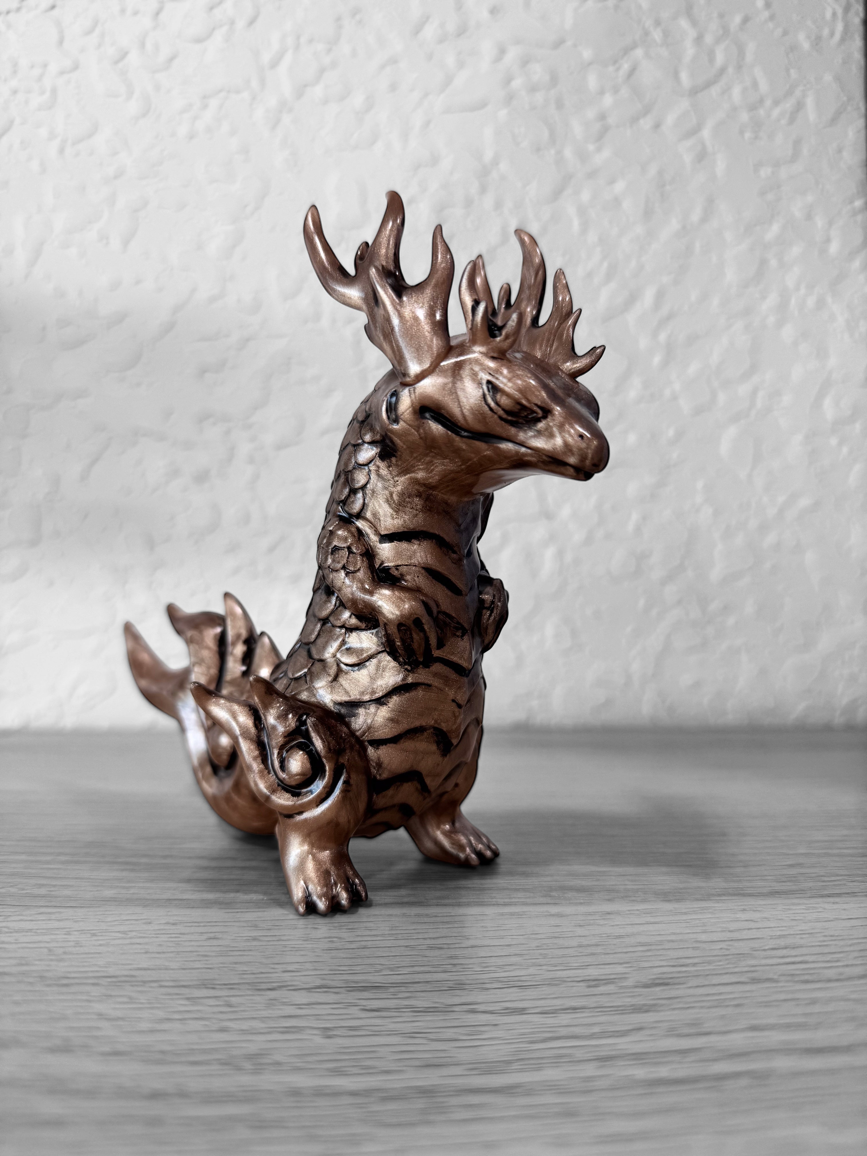 Rinkaku - Bronze Statue by CORE Kashi, a 15cm tall Japanese soft vinyl dragon sculpture, intricately designed with artistic details, 18cm from nose to tail.