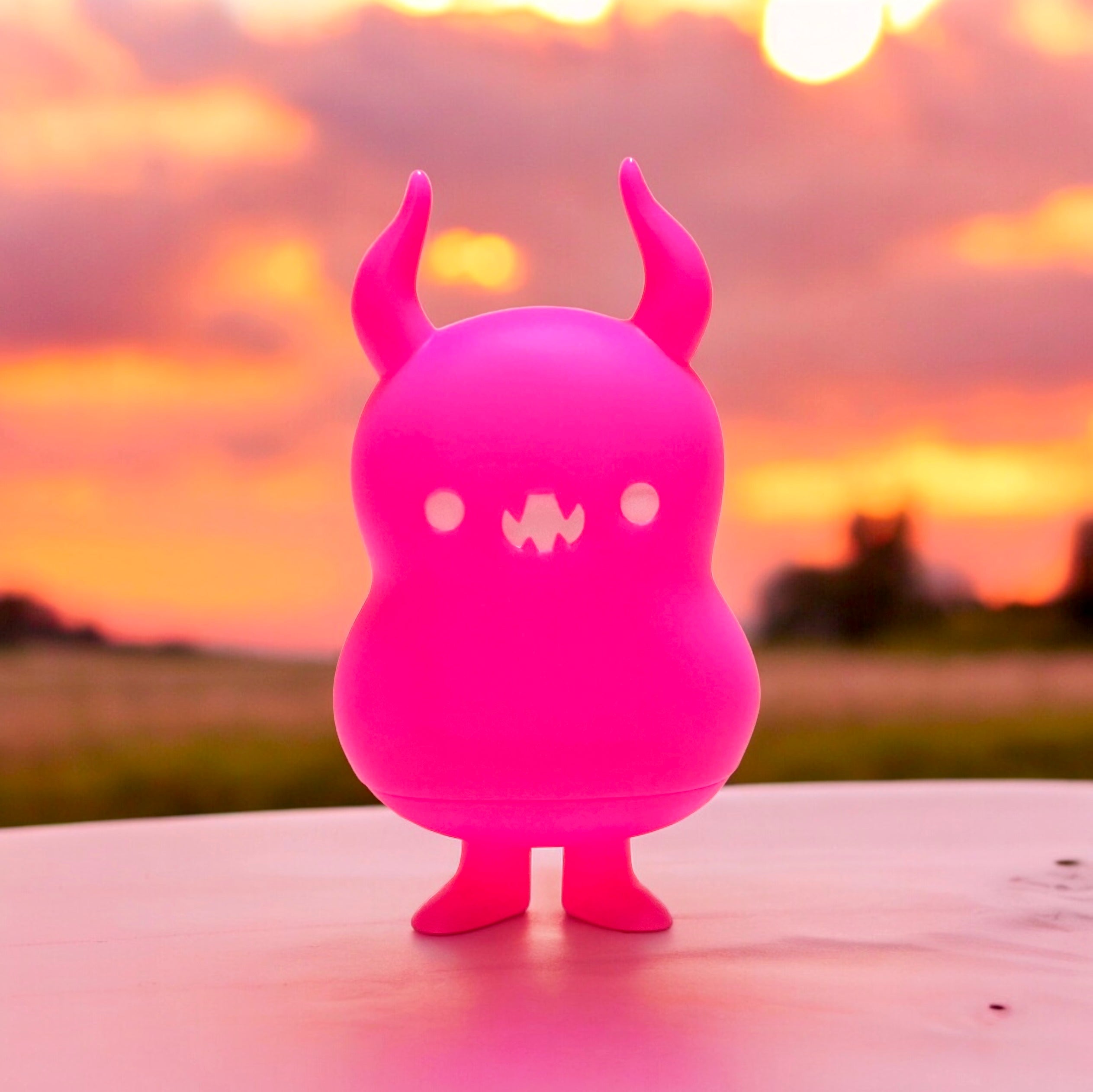 A Japanese Sofubi toy, Babababa Fluorescent Pink by Chishima Konosuke, featuring a pink animal figure with horns and a face. A blind box and art toy store.