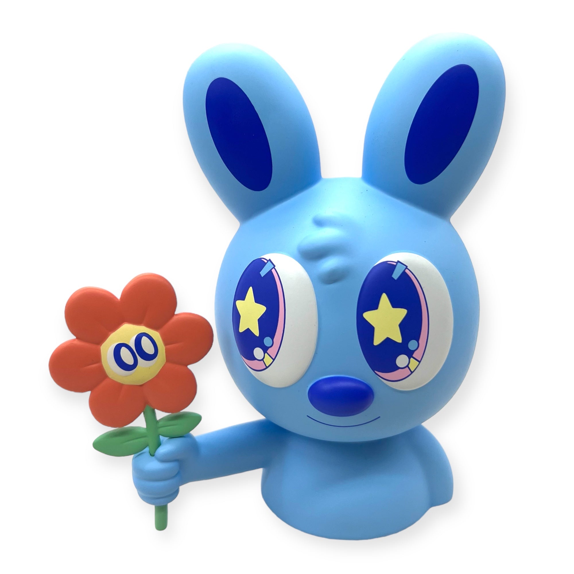Flower Picker by Blake Jones: a blue toy rabbit holding a flower with a removable picket sign, part of a limited edition vinyl bust series.