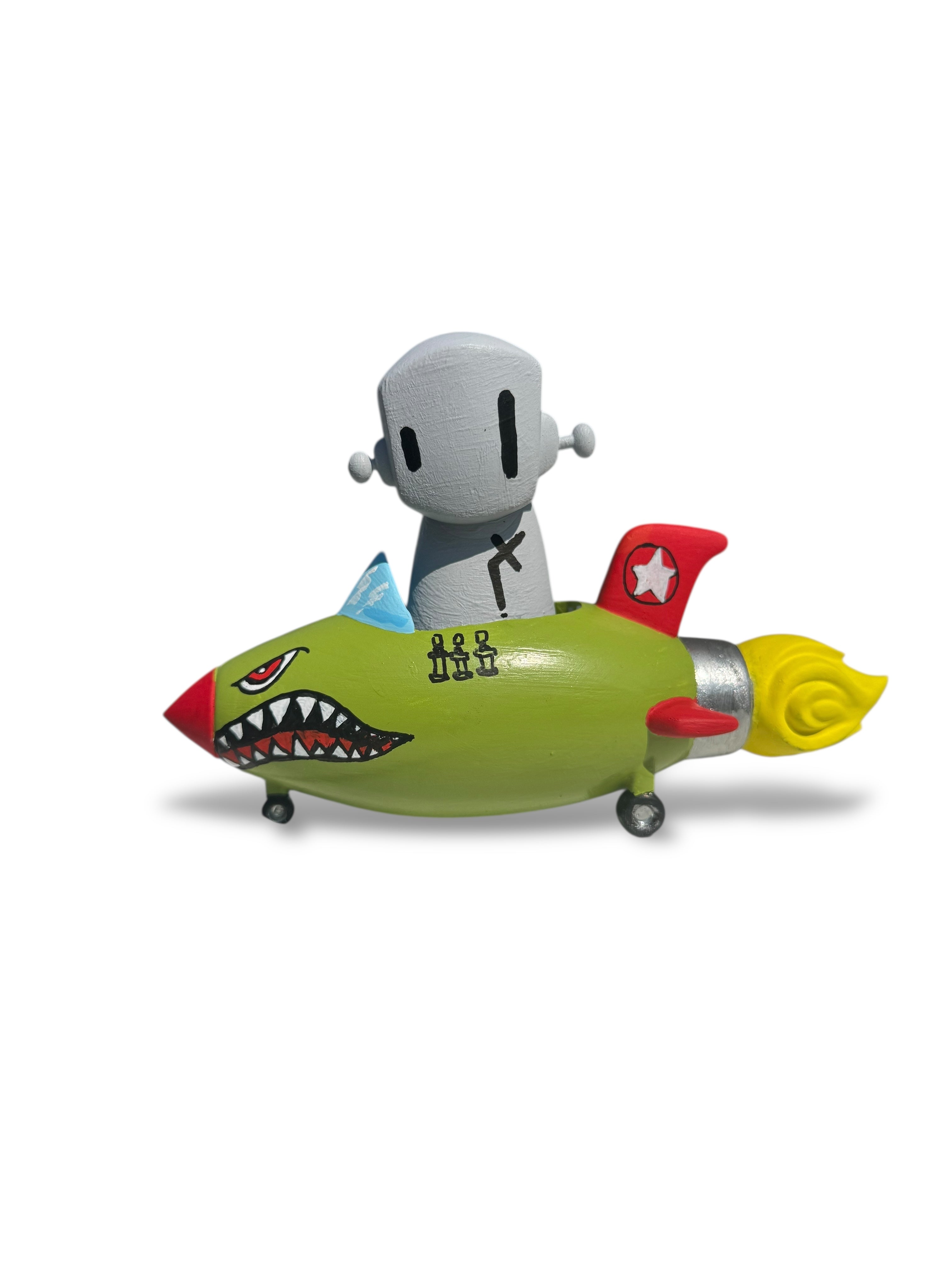 Time Will Tell - Rocket robot series 'Dog fight' by Chris RWK: A resin figurine of a robot in an olive green toy rocket with shark mouth graphic.