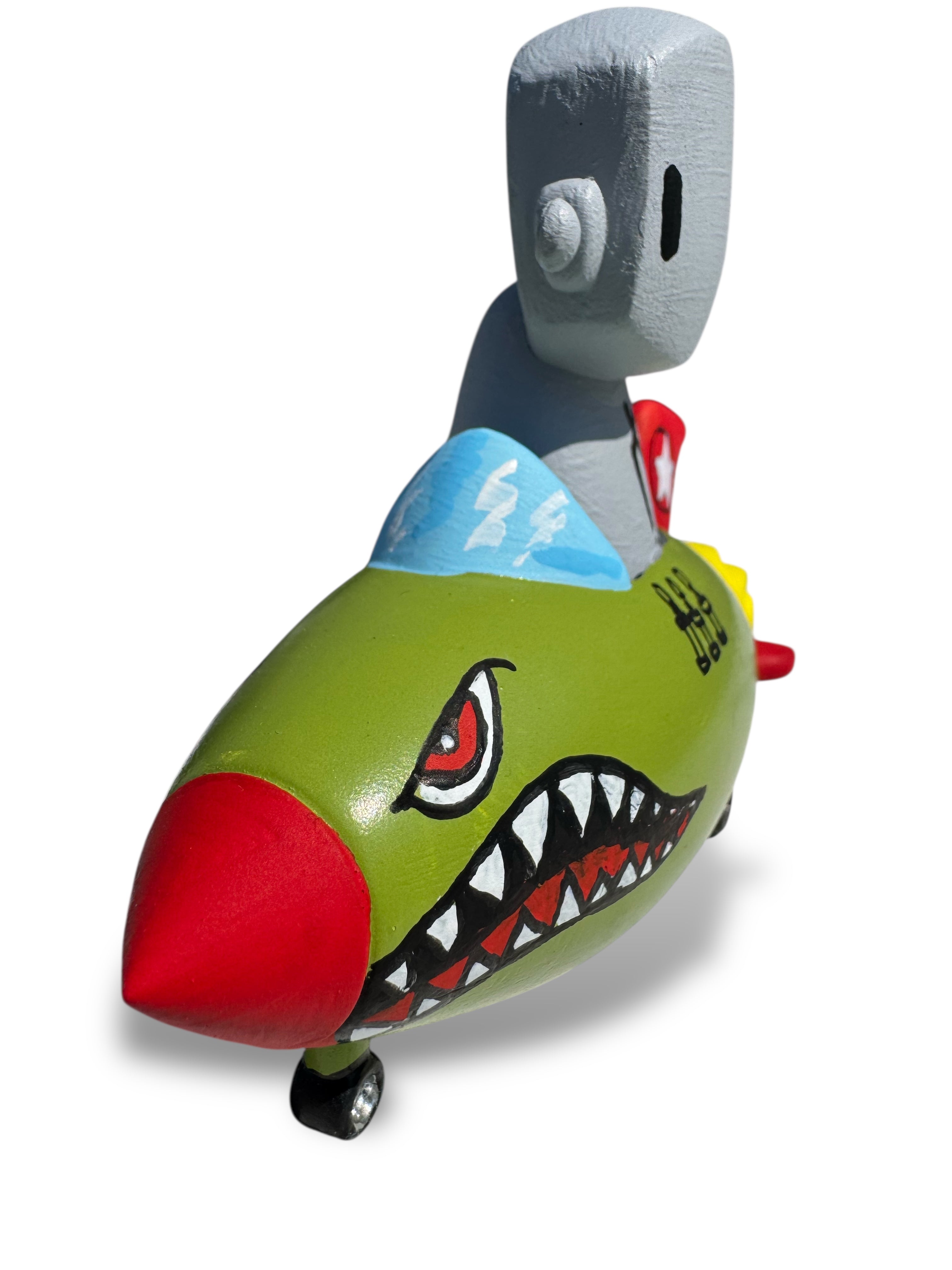 Time Will Tell - Rocket robot series Dog fight by Chris RWK: Hand-painted torpedo-style coin bank with WWII shark motif, red nose, and coin slot.