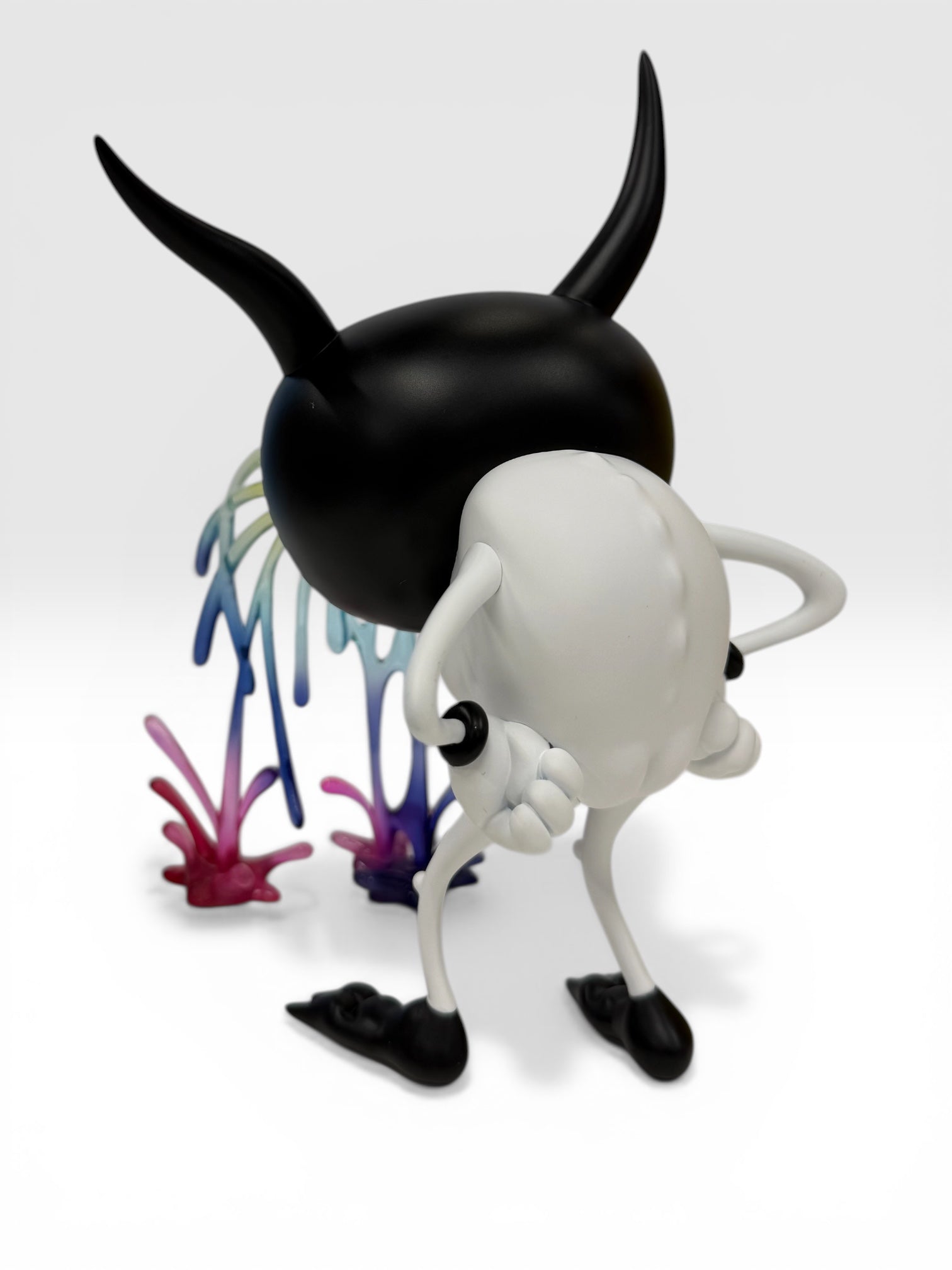 I Love My Life by Alex Pardee, a 6-inch vinyl art toy, features a glossy black head with horns and a colorful, oozing base. Limited edition of 125 pieces.