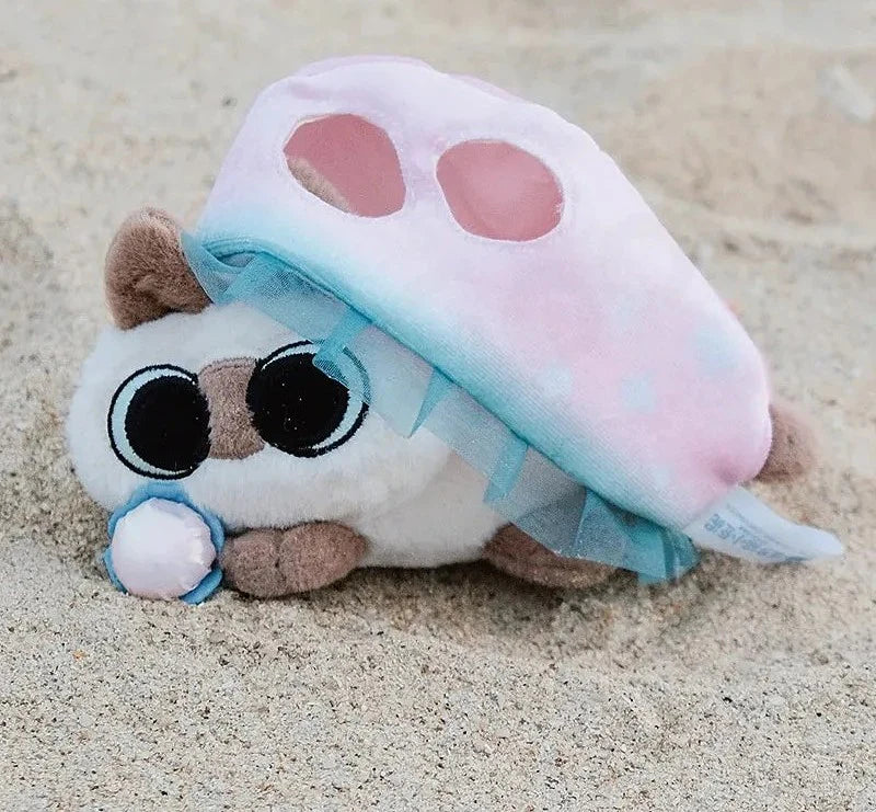 Oceanic Azukisan plush toy under a clam shell, holding a pearl ball. Part of the Deep Sea Adventure series, available for preorder from Strangecat Toys.