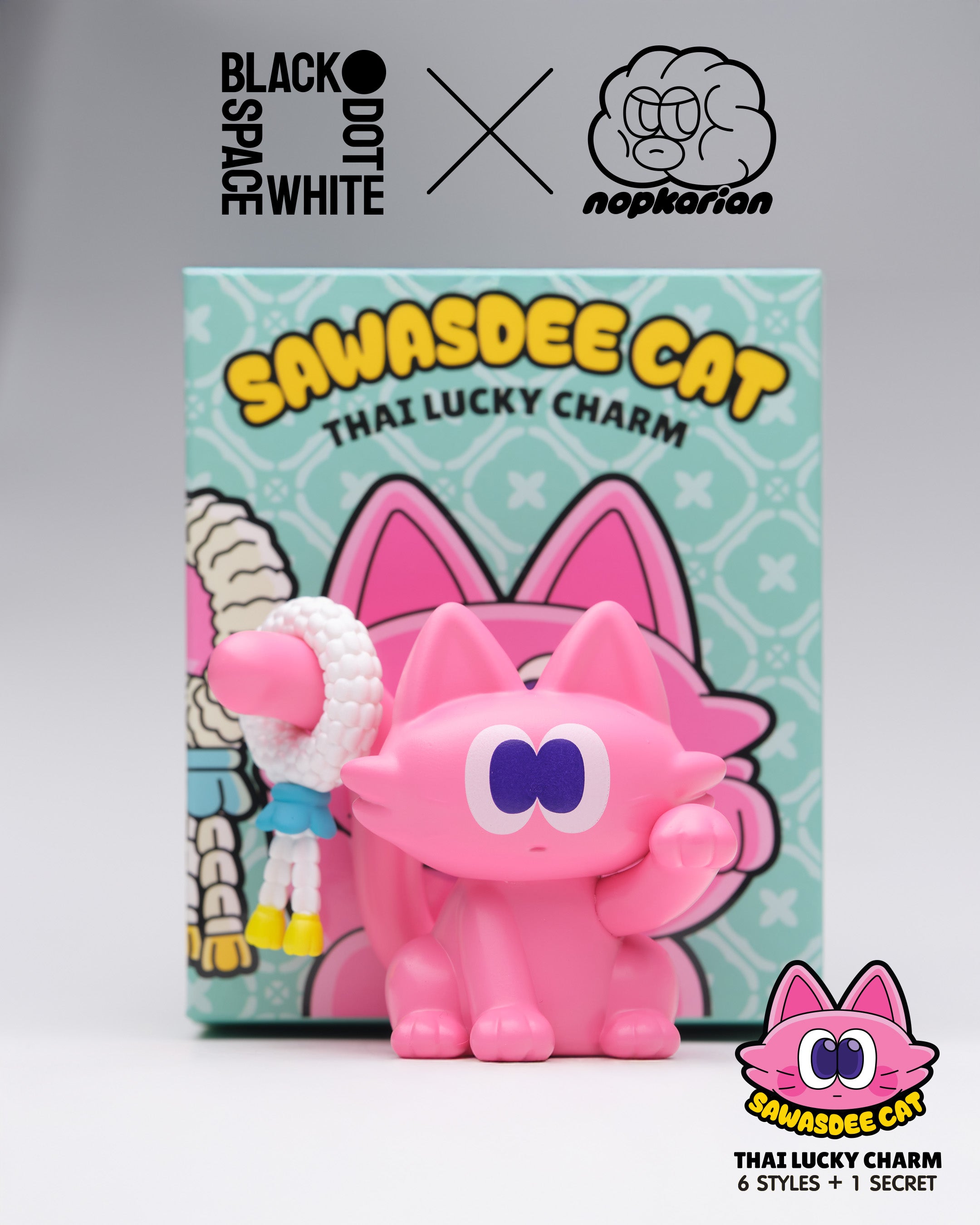 Sawasdee Cat Blind Box Series featuring a cartoon cat face logo and a boxed pink cat figurine, part of a collectible toy set.