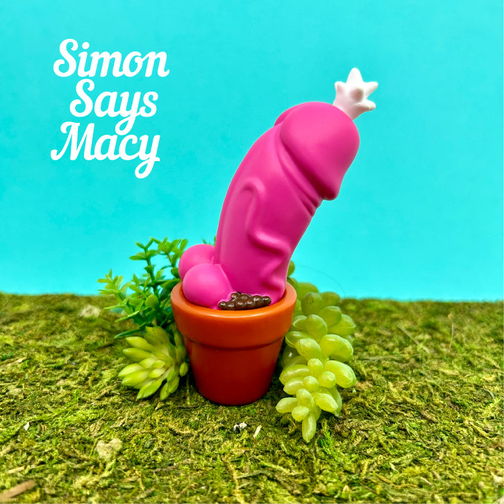 A small toy in a pot, part of the Cocktus - Suckulent Pink by Simon Says Macy collection. Limited edition, 3.5 tall PVC/Vinyl display item.