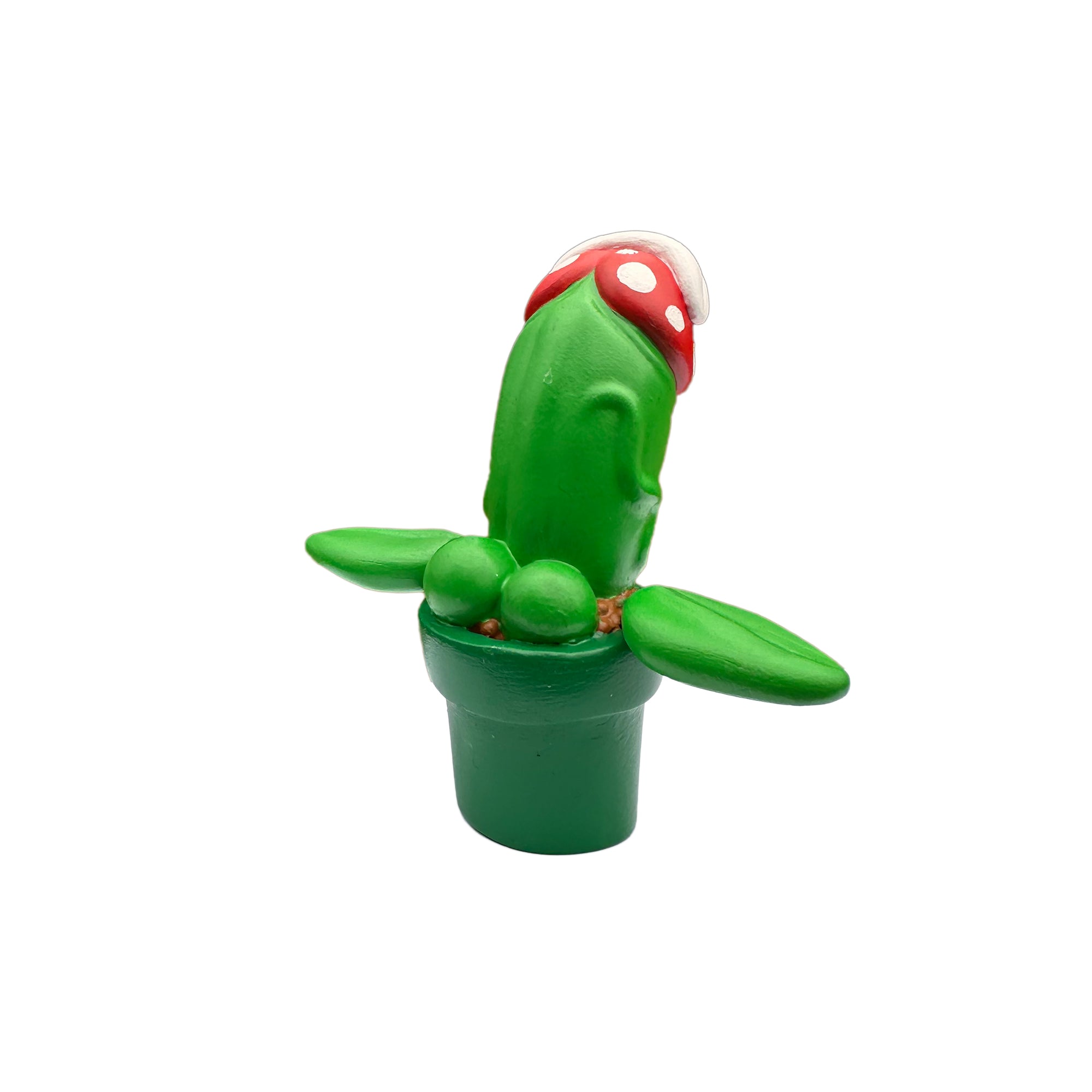 Green cactus in a pot, close-up of a mushroom, and a toy with a red hat by Simon Says Macy & Friends - Piranha Pecker.