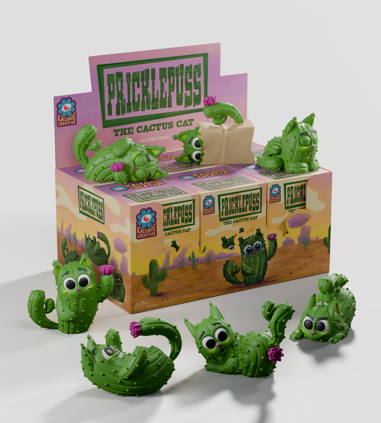Pricklepuss Blind Box display featuring cactus-cat figures with pink blooms and expressive eyes in various poses, set in a desert-themed tray.