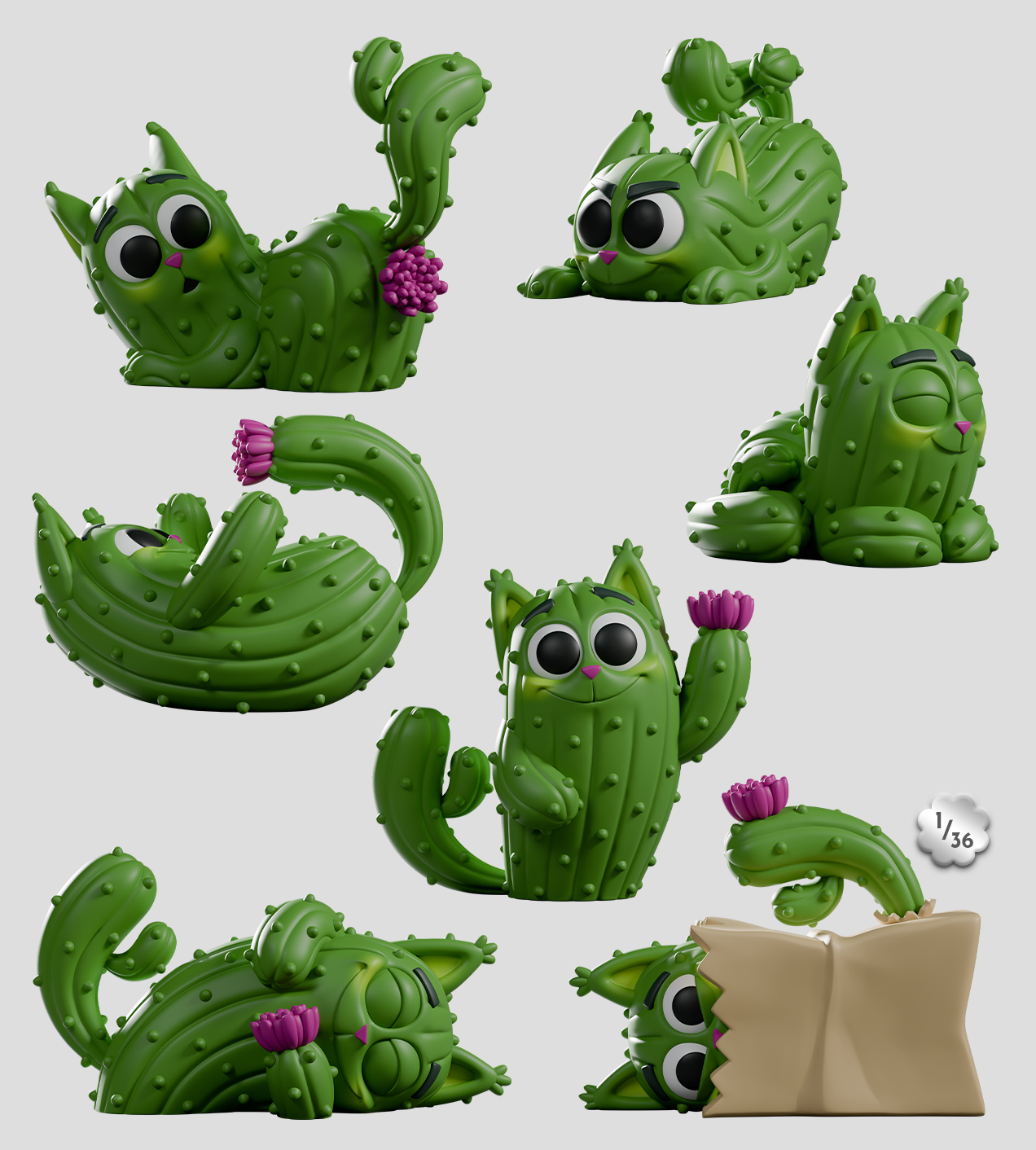 Pricklepuss Blind Box features cute 3D cactus cats in playful poses, complete with thorns and flowers, rendered in collectible art toy style.