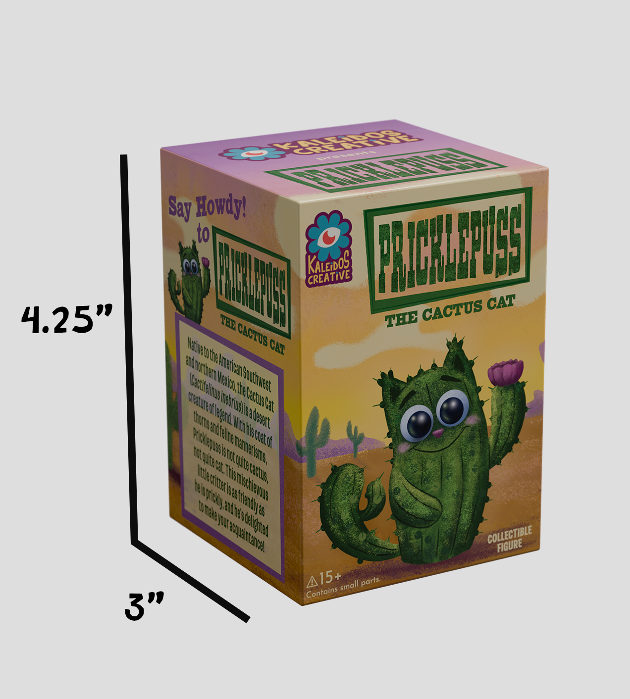 Pricklepuss Blind Box: A 3-D mock-up of a collectible toy box featuring a cartoon cactus cat with googly eyes, from Kaleidos Creative, highlighting desert folklore.