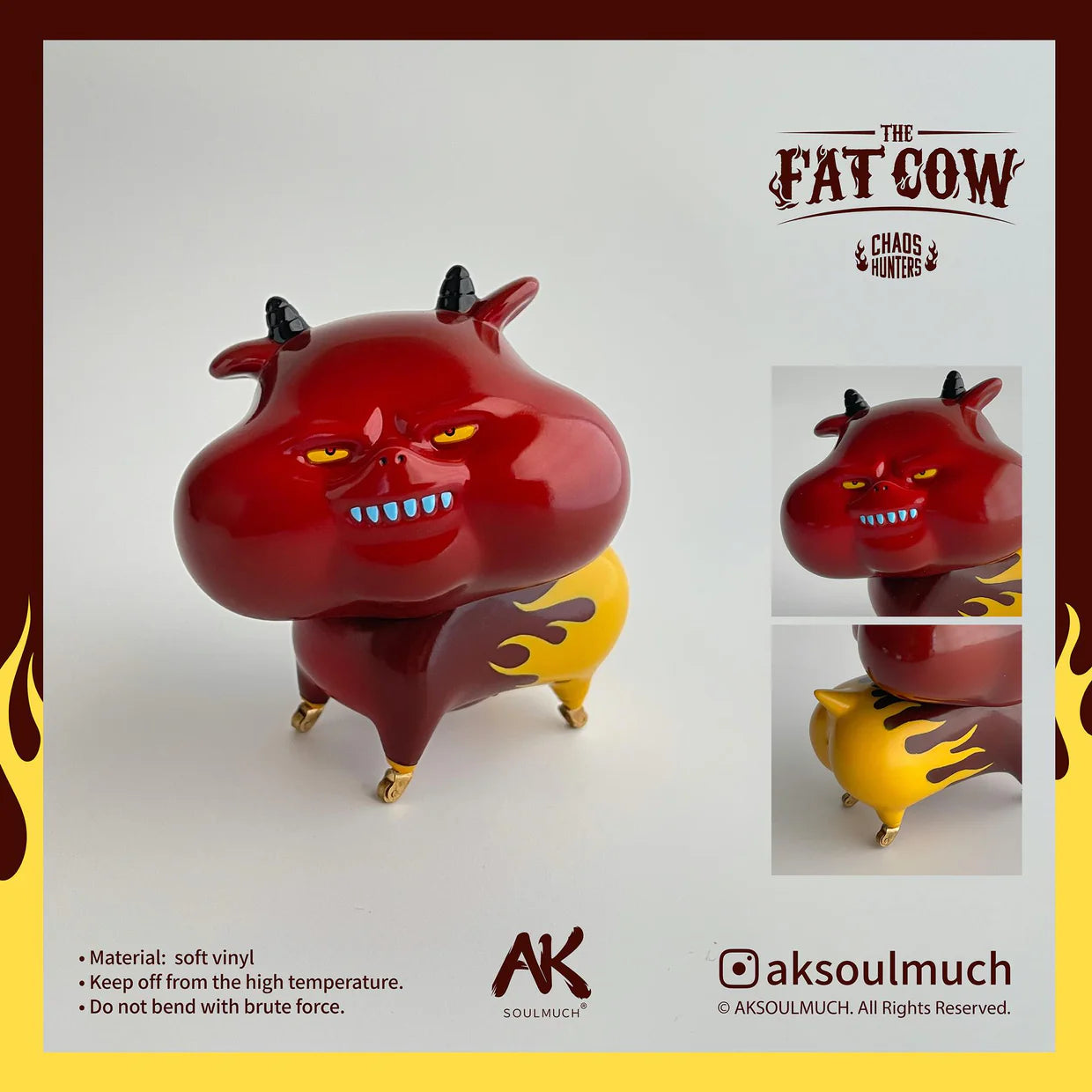 CHAOS HUNTERS: FAT COW, a glossy, chubby vinyl toy with flame markings, horns, gold wheels, and a mischievous grin, from the Chaos Hunters series by AKSOULMUCH.