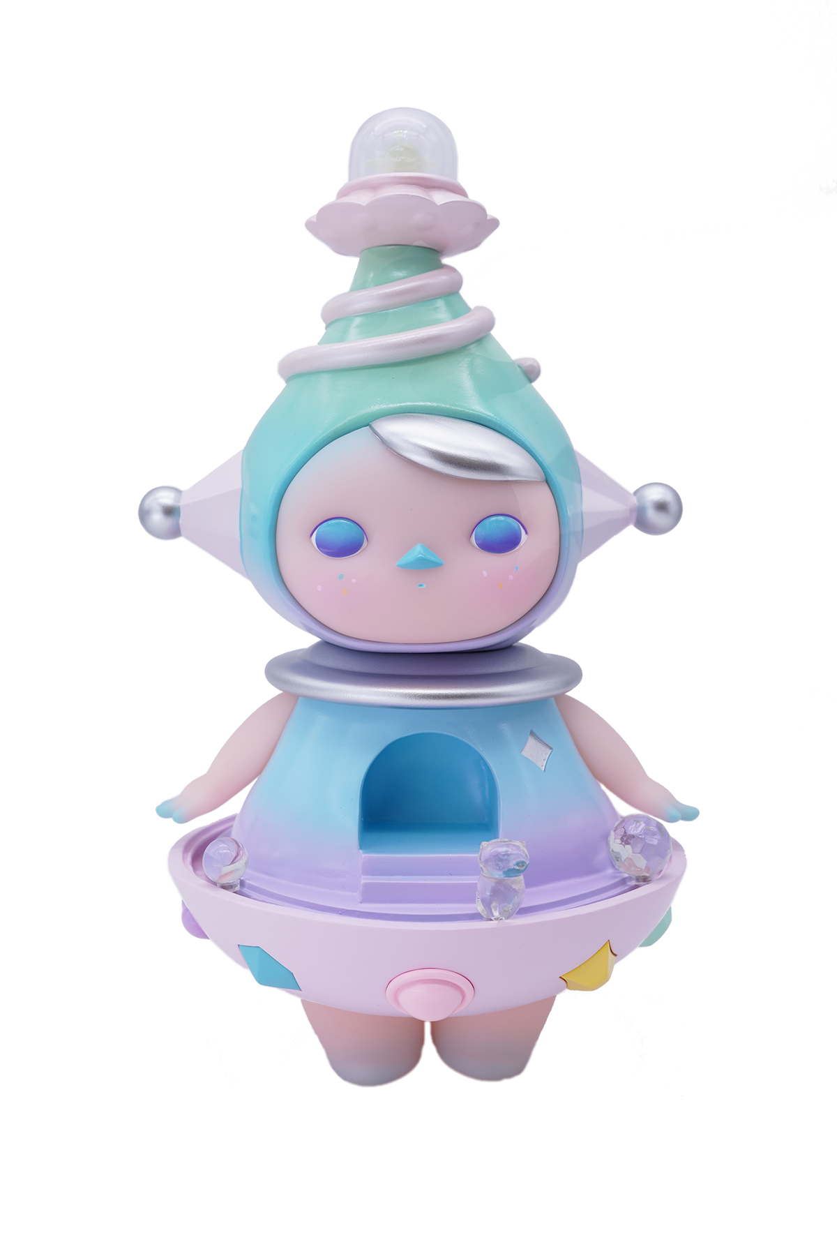 Vinyl toy figure with hat, house, and various objects. Close-ups of plate, leg, and glass.