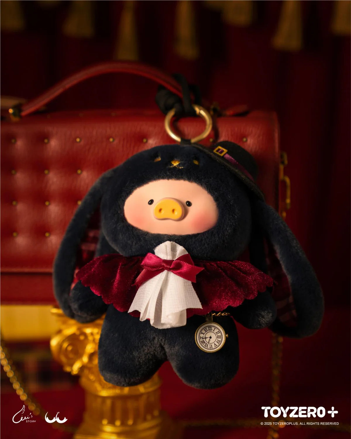 LuLu the Piggy - Vinyl Face Plush Keychain, featuring a velvet-cloaked Magician Bunny LuLu with a top hat and pocket-watch, adorning a red handbag.