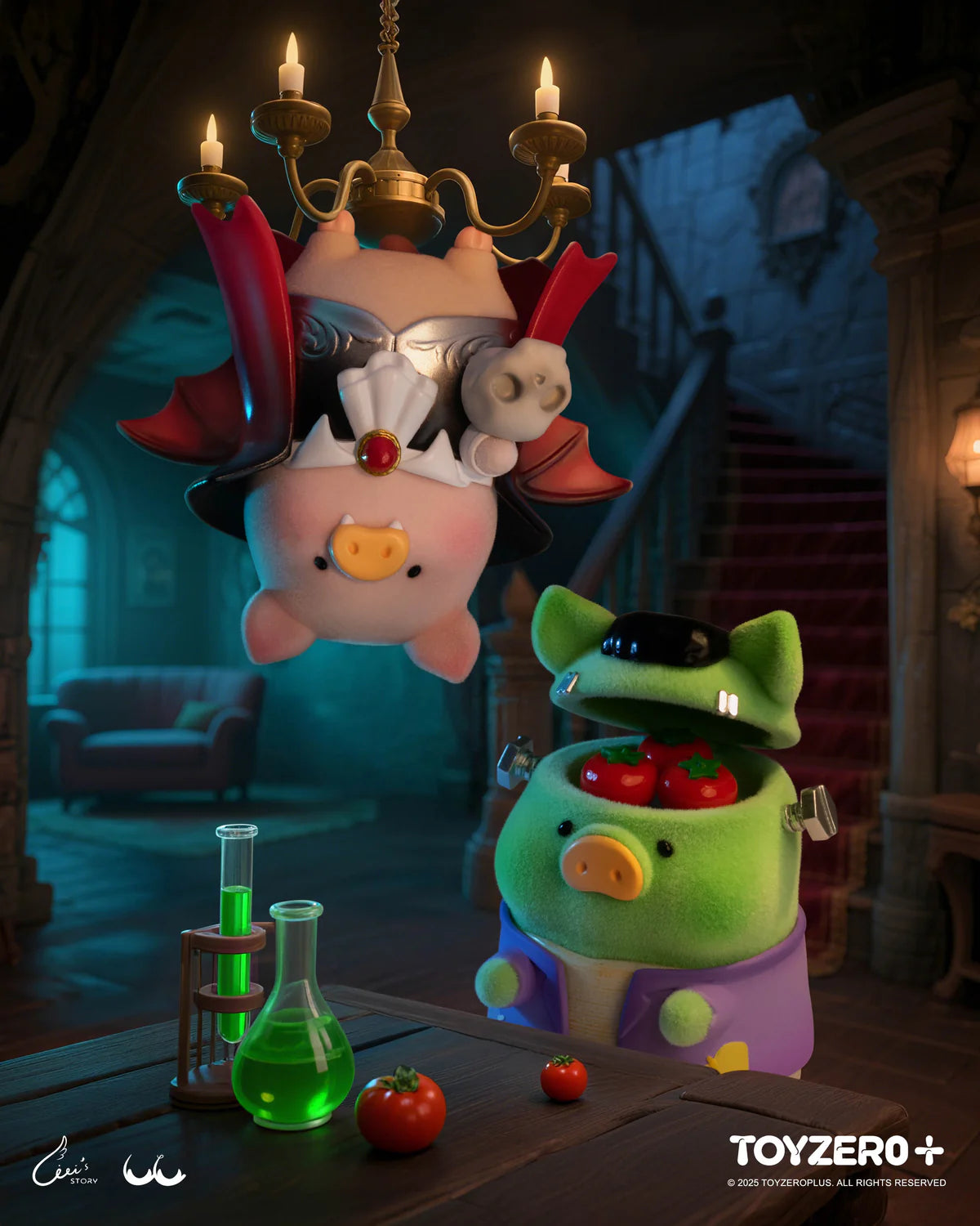 LuLu The Piggy - Surprise can 2 (Terror Castle) preorder features playful Frankenstein and vampire pig figures, with tomatoes and chemistry props in a whimsical castle setting.