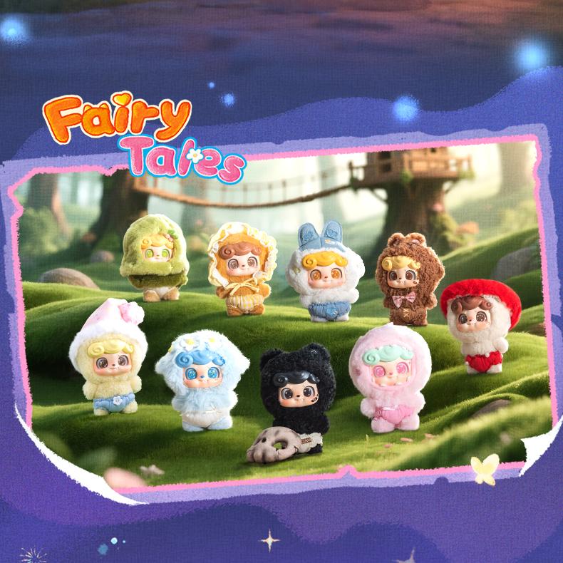 Close-up of a Q.kid Fairy Tales Series Plush Blindbox toy, depicting a stuffed animal in a garment, part of a magical, story-themed collection.