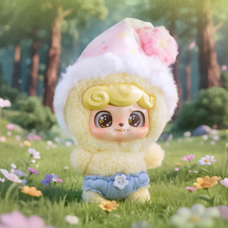 Close-up of Q.kid Fairy Tales Series Plush Blindbox toy, featuring whimsical, cartoon-like character details, part of a preorder collection at Strangecat Toys.