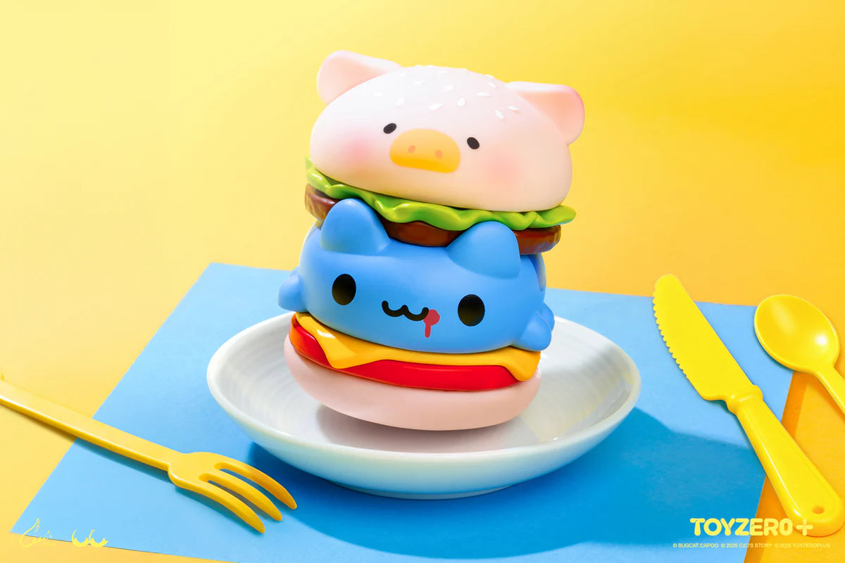 LuLu the Piggy x Capoo - LuLuBurger: A vinyl collectible with animal-themed buns and patty, featuring pig and cat designs, set on a plate with utensils.