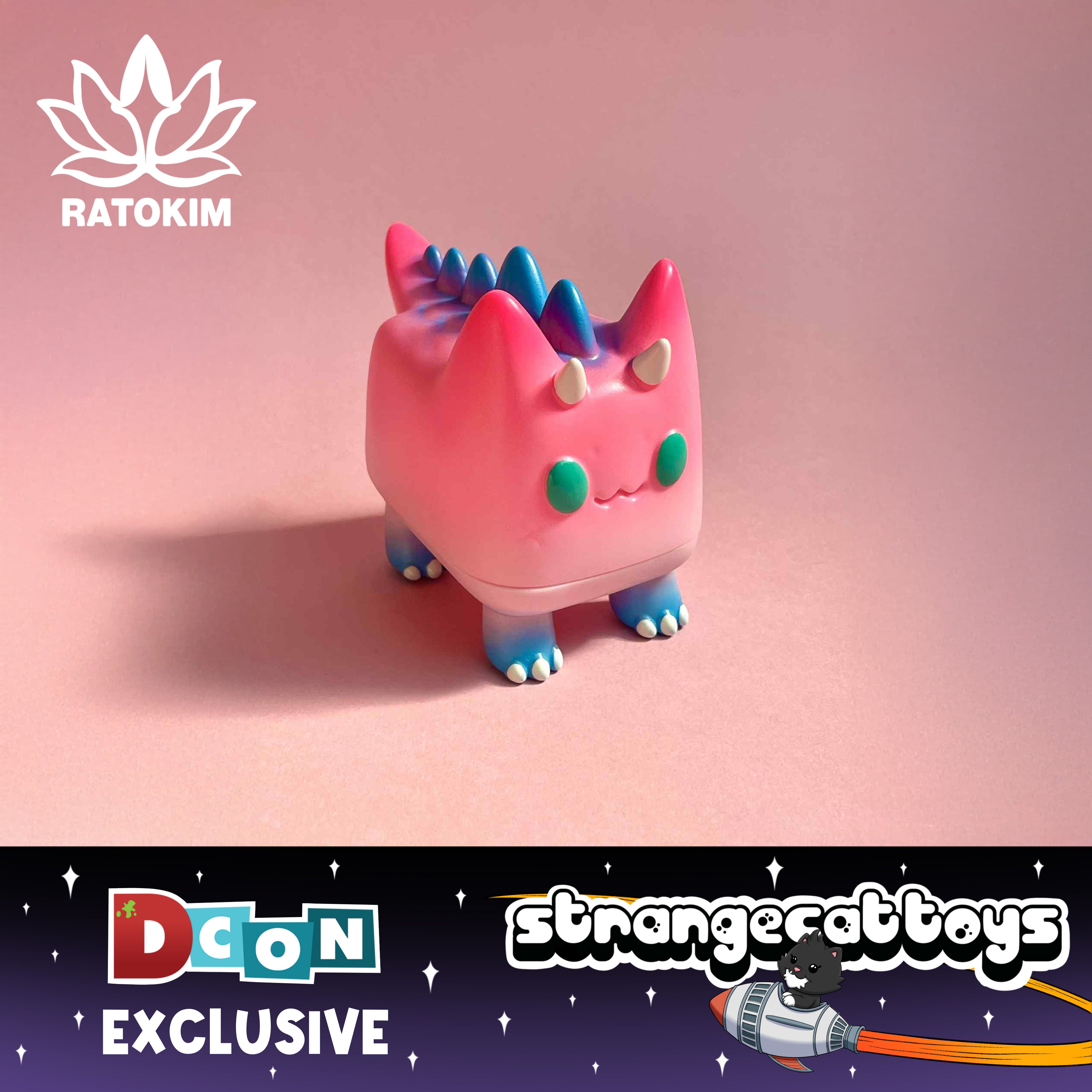 DiDi (Dino cat) Pink by Rato Kim: A limited edition vinyl toy, featuring a blocky cat-monster hybrid with spikes and horns, exclusive to designer toy collectors.