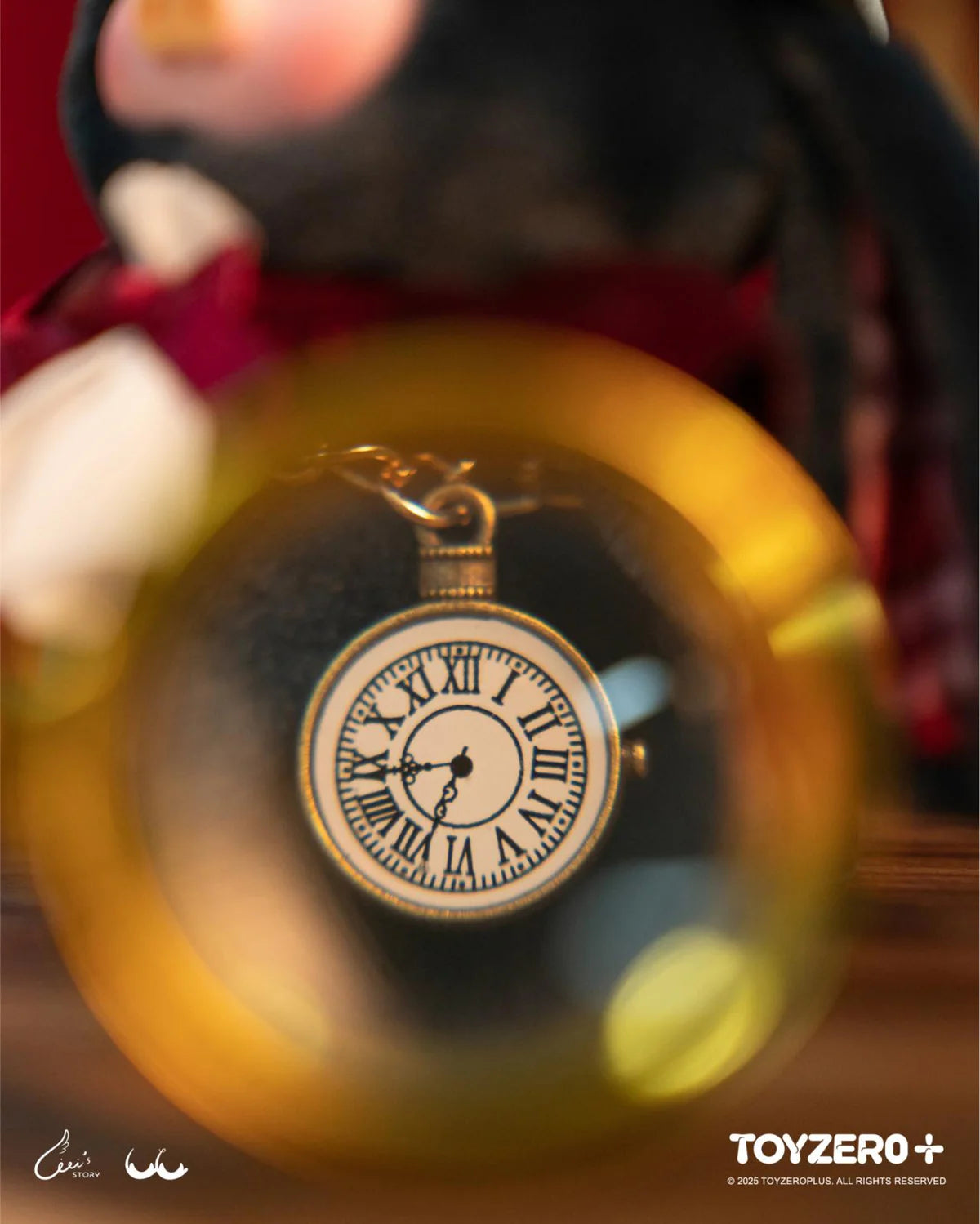 LuLu the Piggy - Vinyl Face Plush Keychain (Magician Bunny LuLu ver.) with vintage-style pocket watch, viewed through a golden lens.