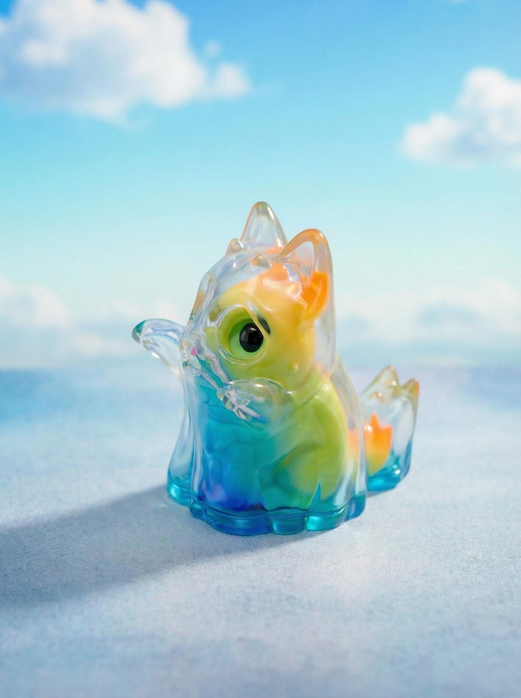 Rainbow Ghost Cat by HOTRU, a 7.5cm translucent sofubi figurine, features a removable cat inside, showcasing playful, colorful design and childlike wonder.