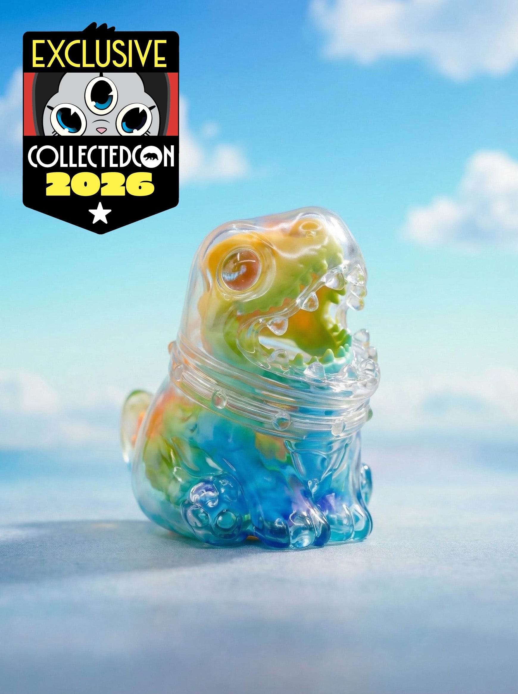 Rainbow Dino by HOTRU: a translucent resin dinosaur with colorful swirls, containing a removable cat inside, showcased against a sky-blue backdrop.