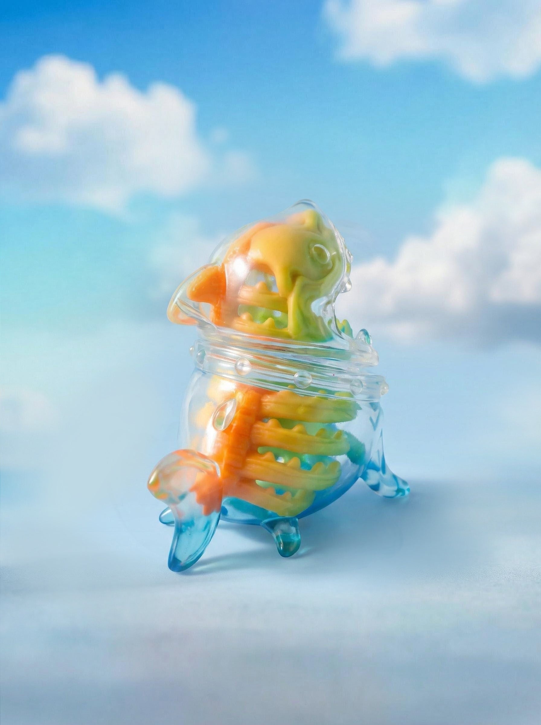 Rainbow Shark by HOTRU: A translucent fish-shaped sofubi toy with colorful internal pieces resembling a skeleton, evoking a whimsical, dream-like feel.