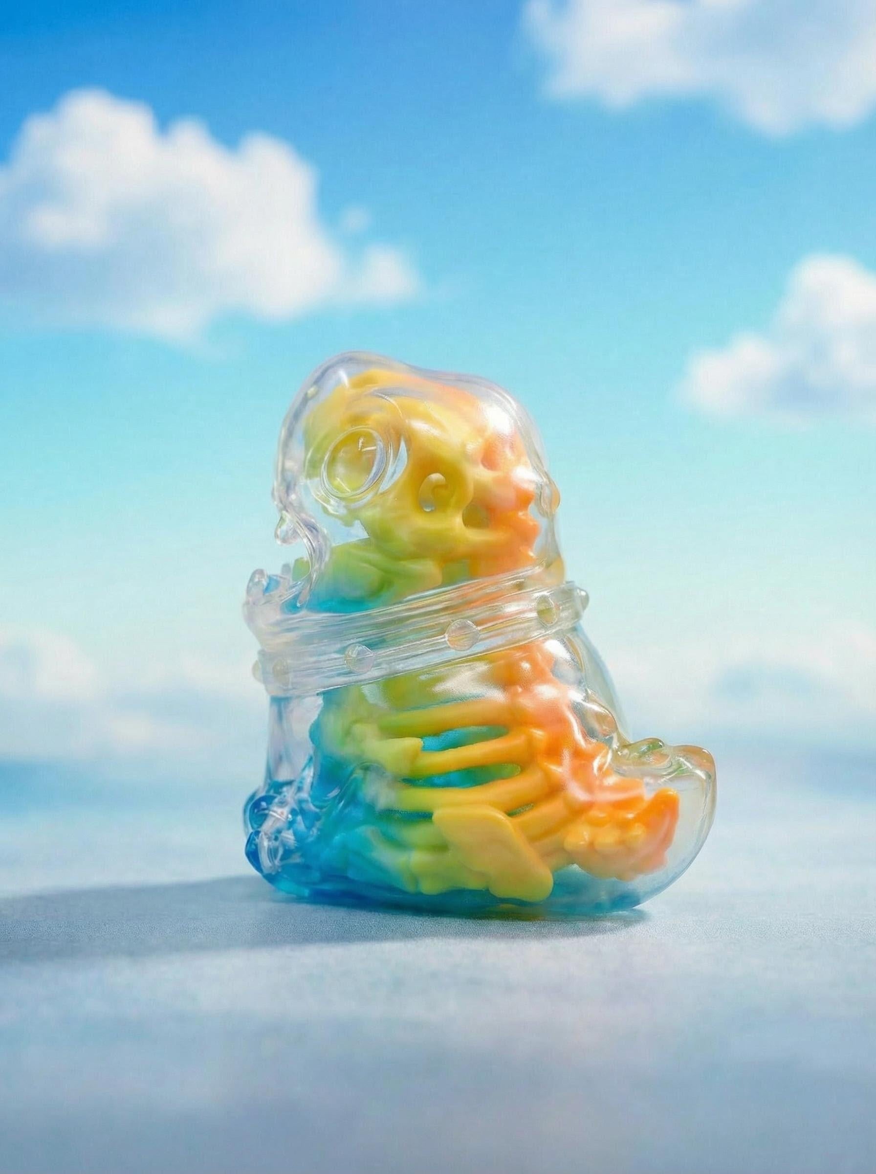 Rainbow Dino by HOTRU: A clear sofubi shell shaped like a creature reveals a removable pastel-colored cat skeleton inside.