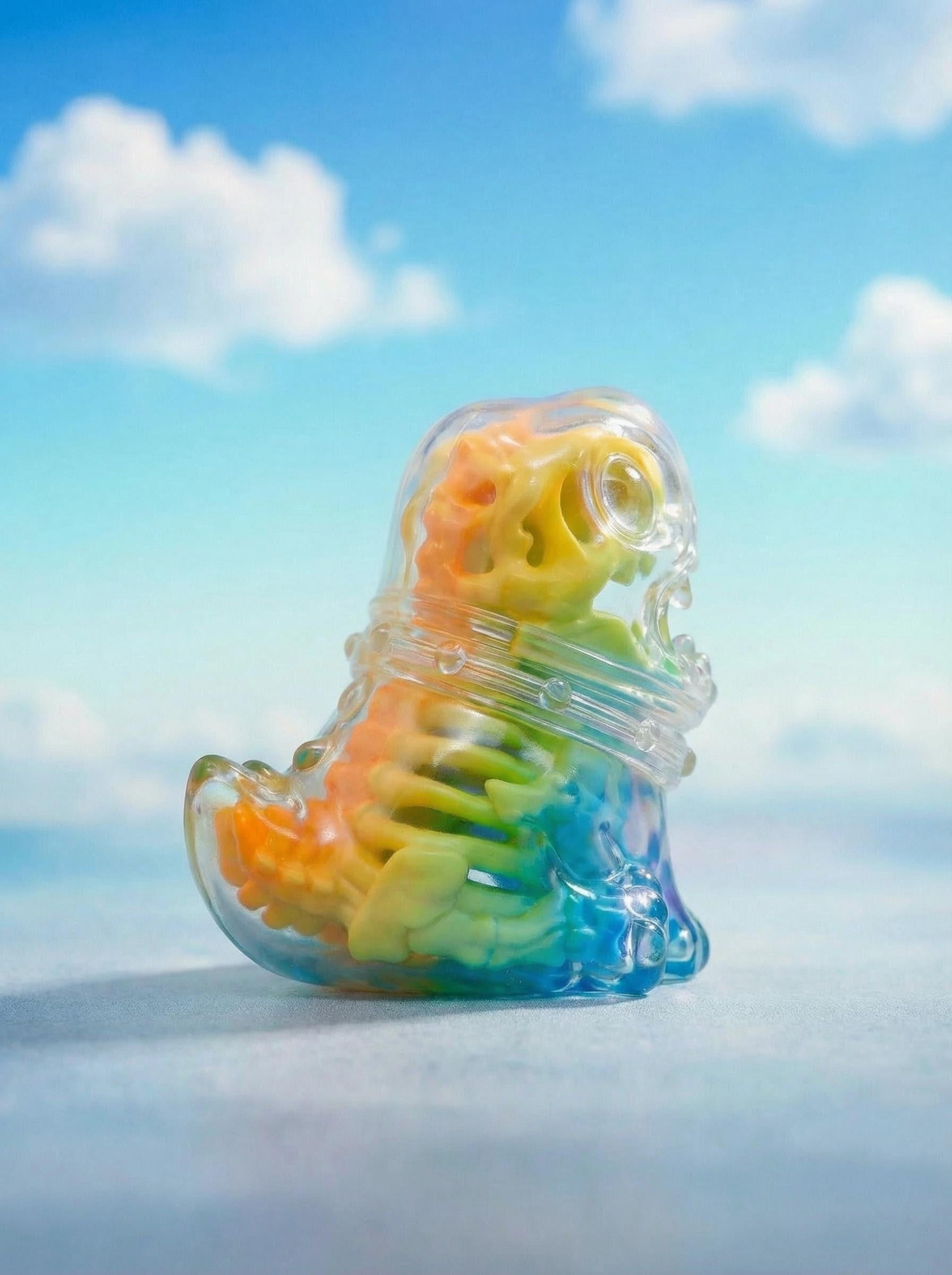 Rainbow Dino by HOTRU: A clear vinyl sneaker-shaped figurine with a rainbow-colored dinosaur skeleton inside, showcasing playful and whimsical design elements.