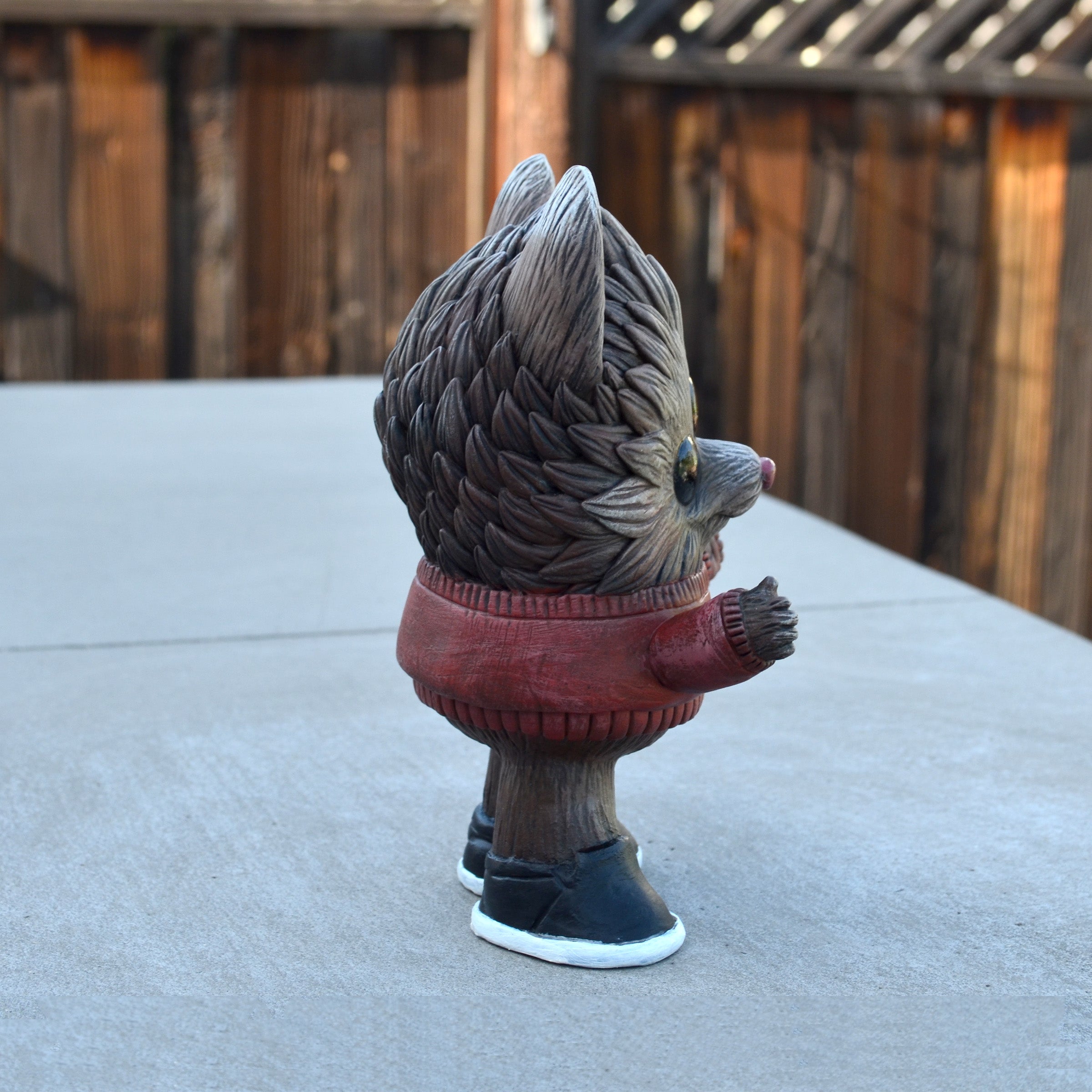 Beans Group Show - Reynard by Vanessa Ramirez x Josh Divine, a 4in vinyl figurine of a hedgehog-like creature in a red jacket and sneakers. Preorder for May 2026.