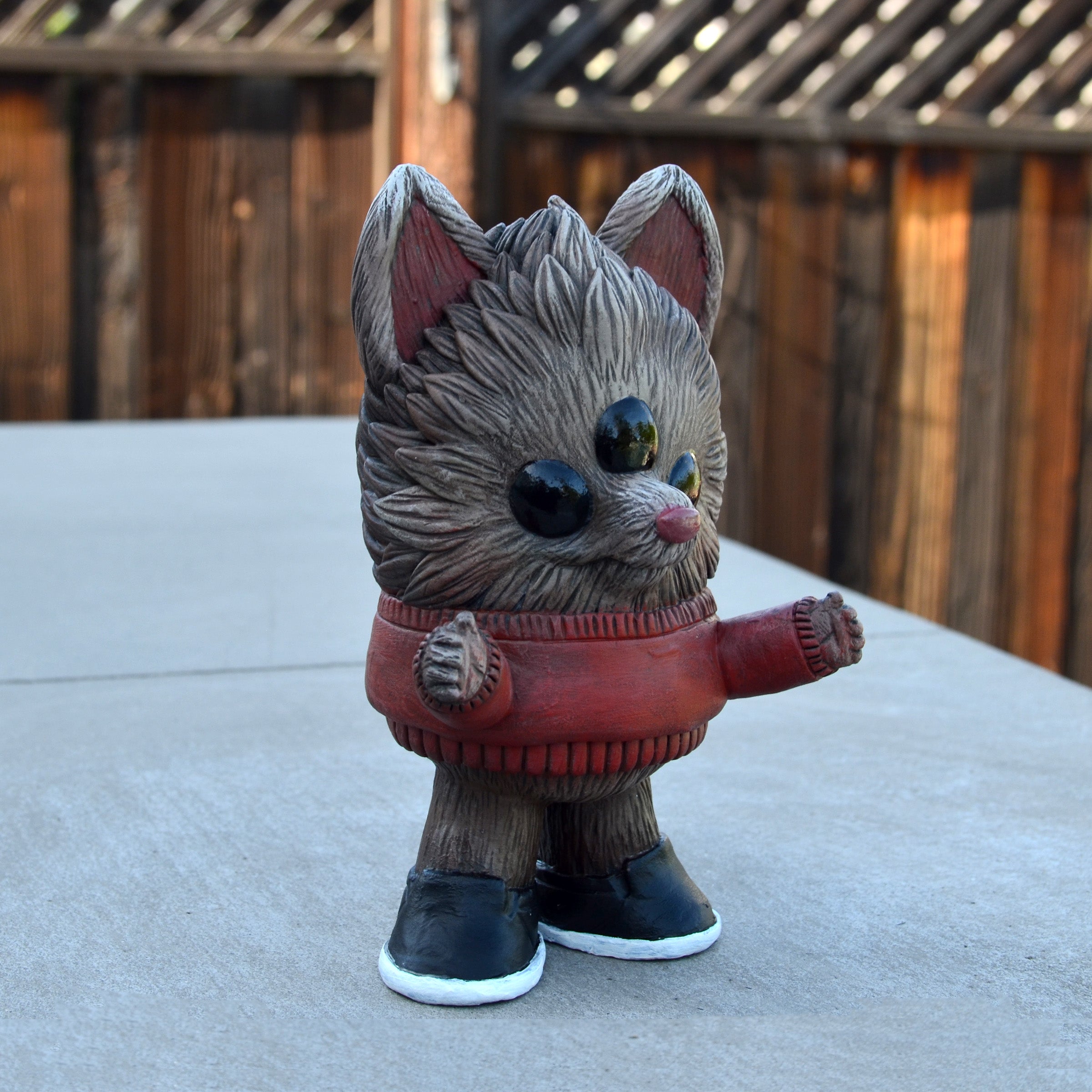 Beans Group Show - Reynard figurine by Vanessa Ramirez x Josh Divine, featuring a gray creature in a red sweater, pre-order at Strangecat Toys.