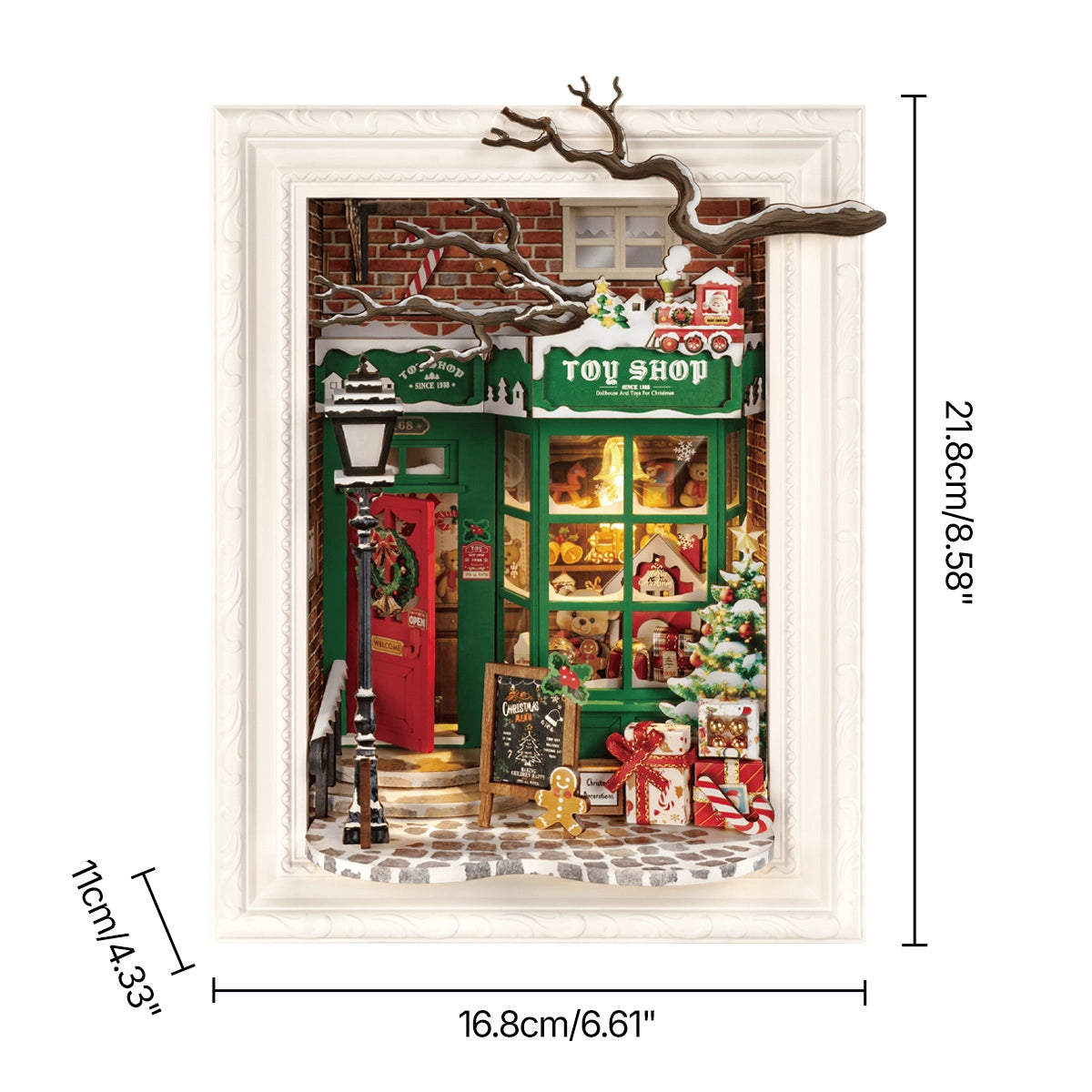 Rolife 3D Wooden Puzzle - Santa's Toy Shop DP006 diorama features a toy shop front with festive details like teddy bears, candy canes, and a decorated tree.