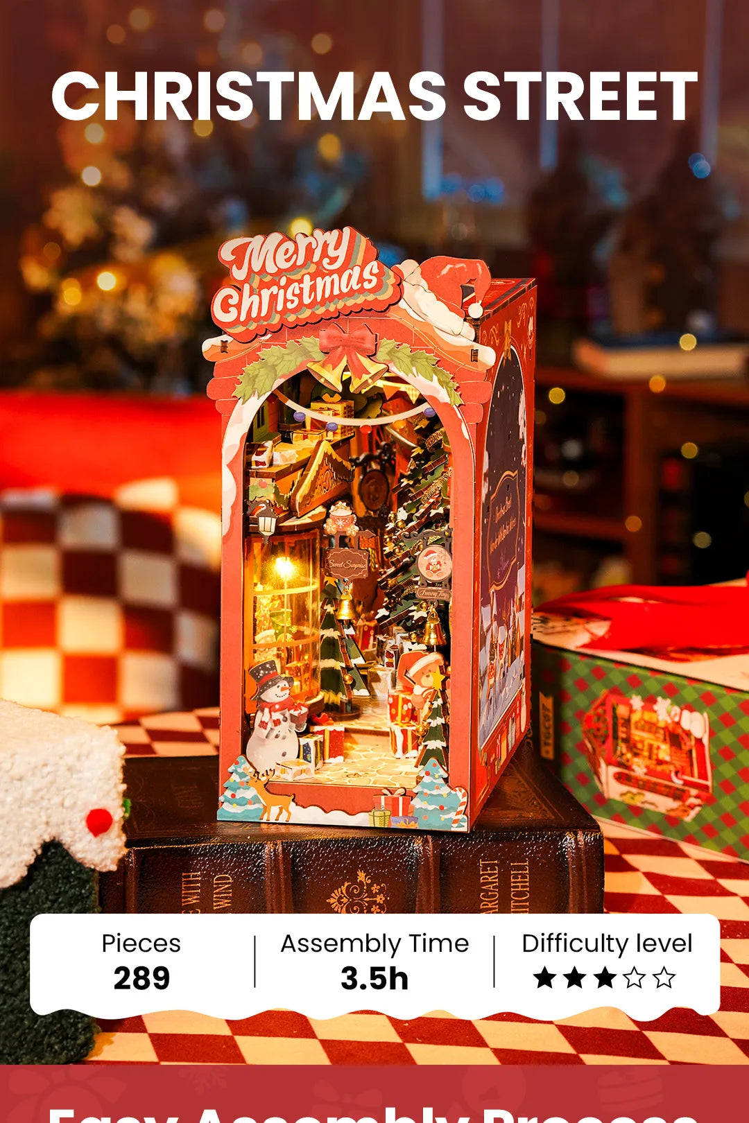 Rolife DIY Book Nook Insert - Christmas Street TGC06: A 3-D diorama kit with 289 pieces, showcasing a festive village scene with LED glow and holiday decor.
