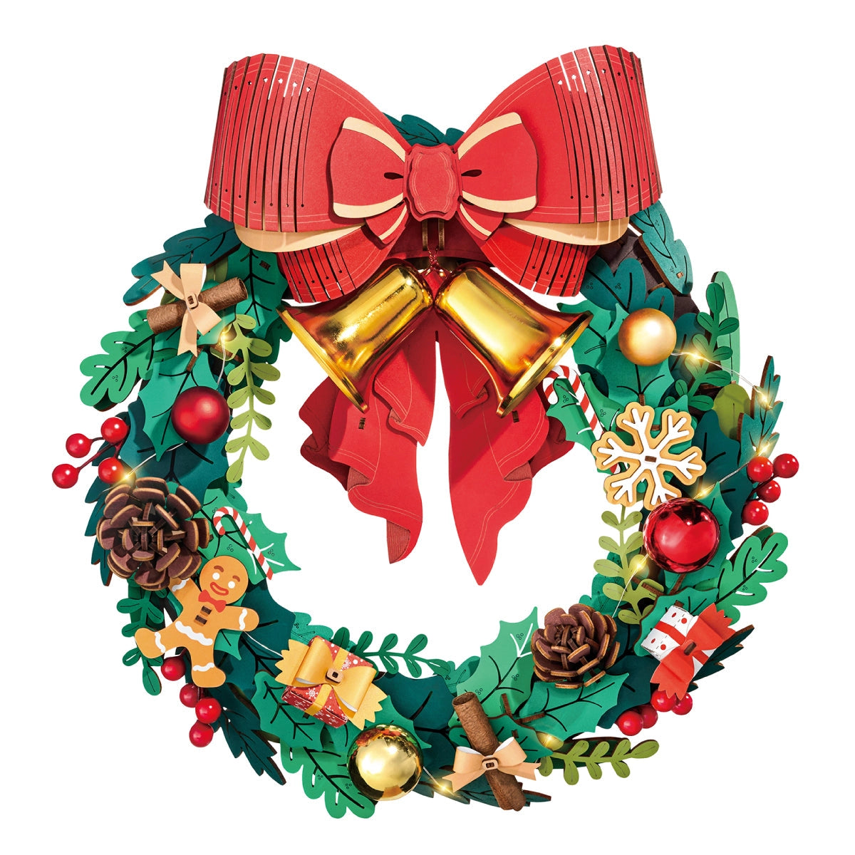 Rolife 3D Wooden Puzzle - Christmas Wreath TGL04 featuring festive elements: red bow, gold bells, berries, holly, pine cones, gingerbread, and fairy lights.