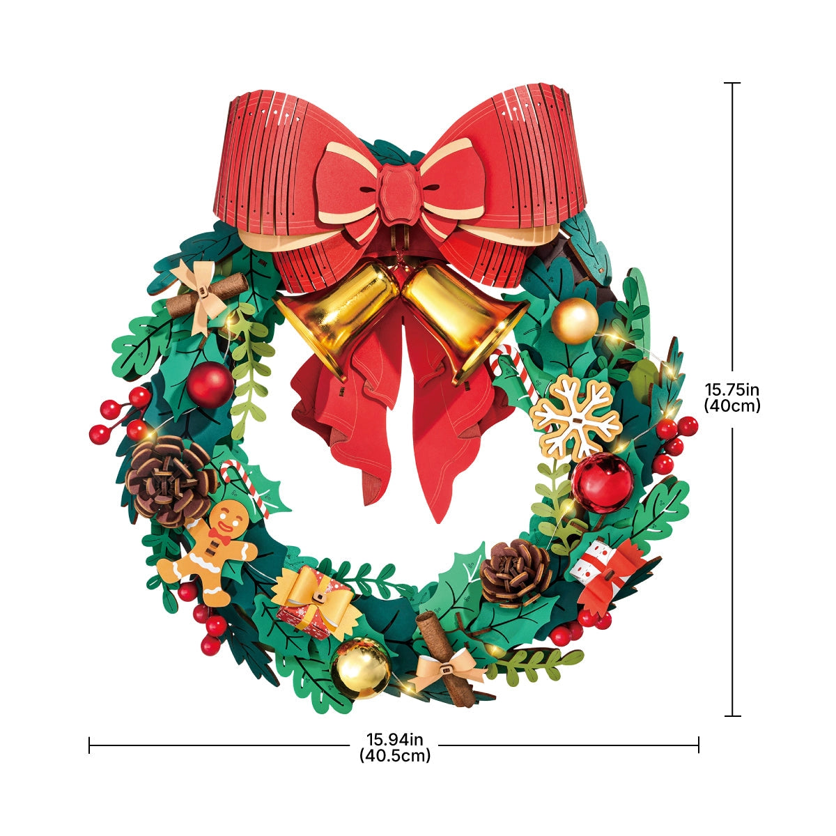 Rolife 3D Wooden Puzzle - Christmas Wreath TGL04 featuring a decorative arrangement with a red bow, gold bells, baubles, berries, pine cones, and festive ornaments.