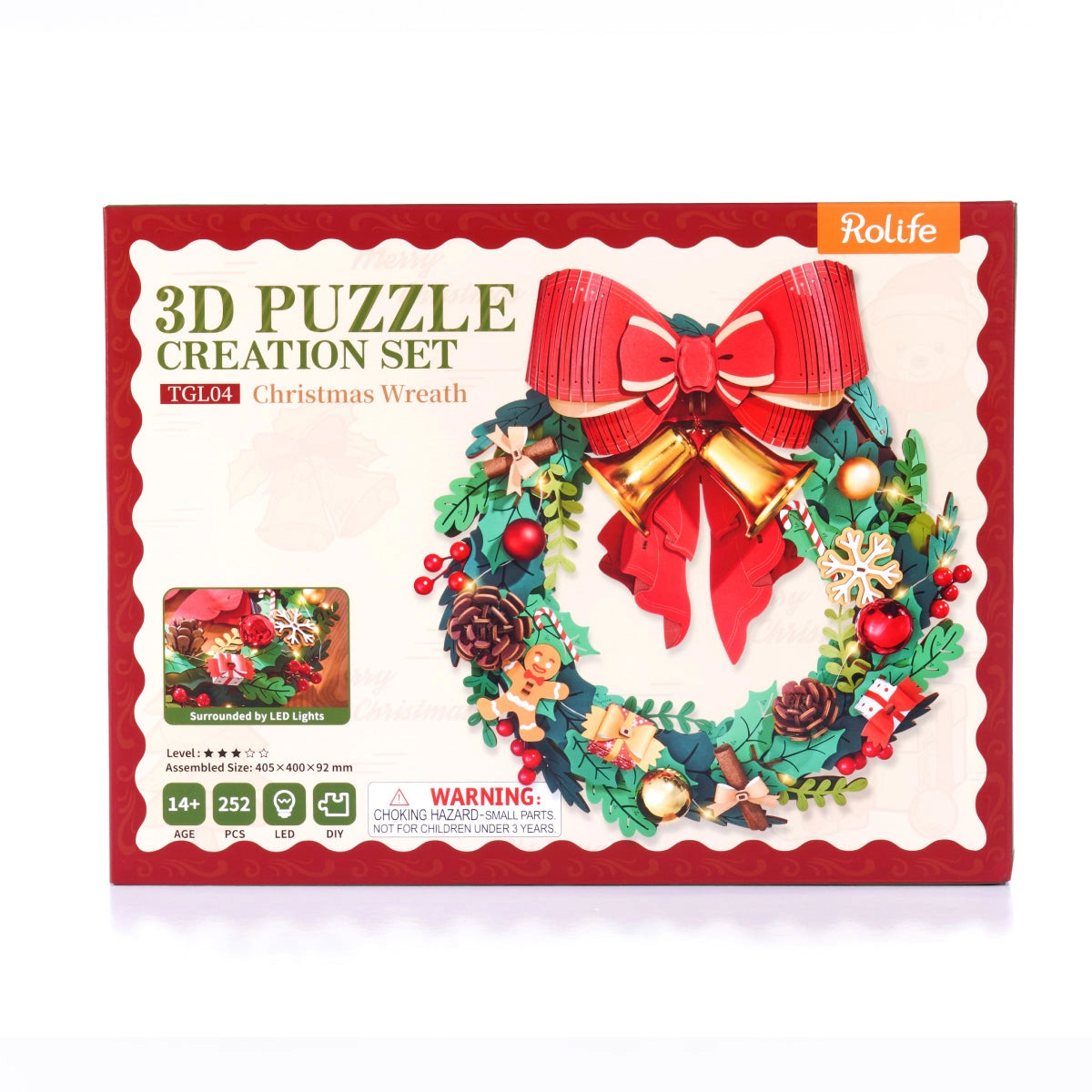 Rolife 3D Wooden Puzzle - Christmas Wreath TGL04 kit, featuring 252 pieces to craft a LED-lit festive wreath with holiday-themed decorations. Suitable for ages 14+.