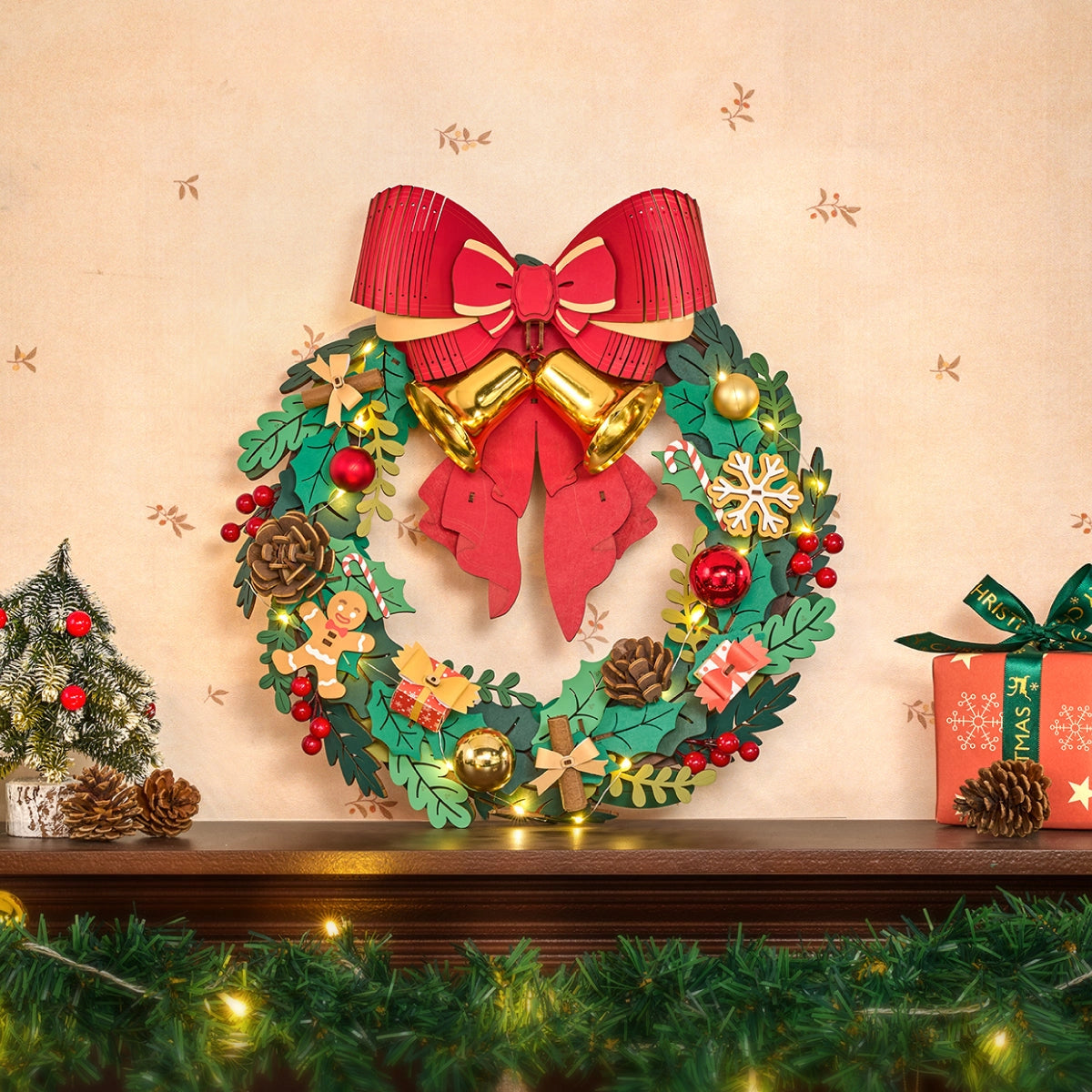 Rolife 3D Wooden Puzzle - Christmas Wreath TGL04 displayed with festive decorations, featuring foliage cut-outs, ornaments, and lights, creating a handcrafted holiday scene.