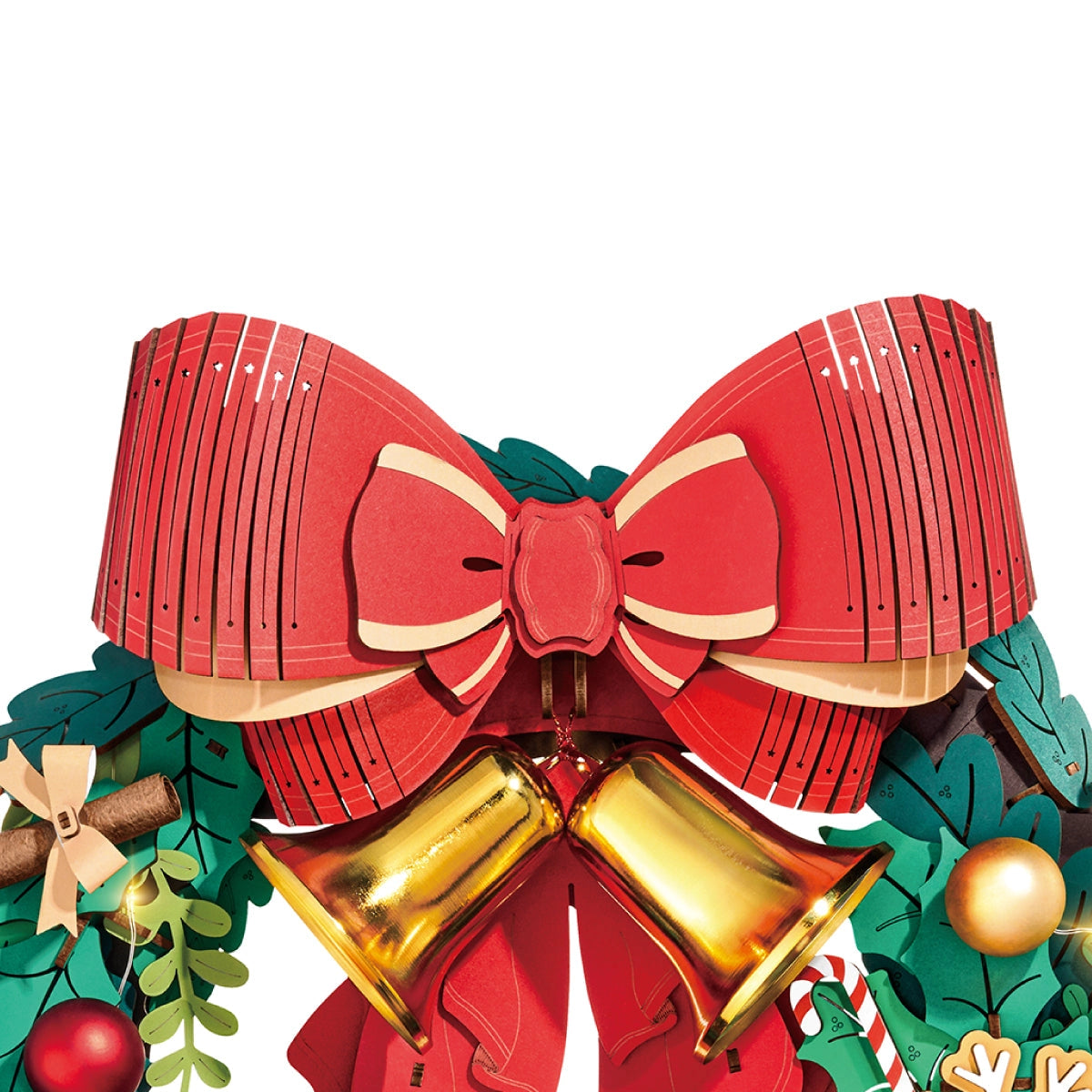 Rolife 3D Wooden Puzzle - Christmas Wreath TGL04 with a red bow, gold bells, and festive foliage, ready for holiday crafting magic.
