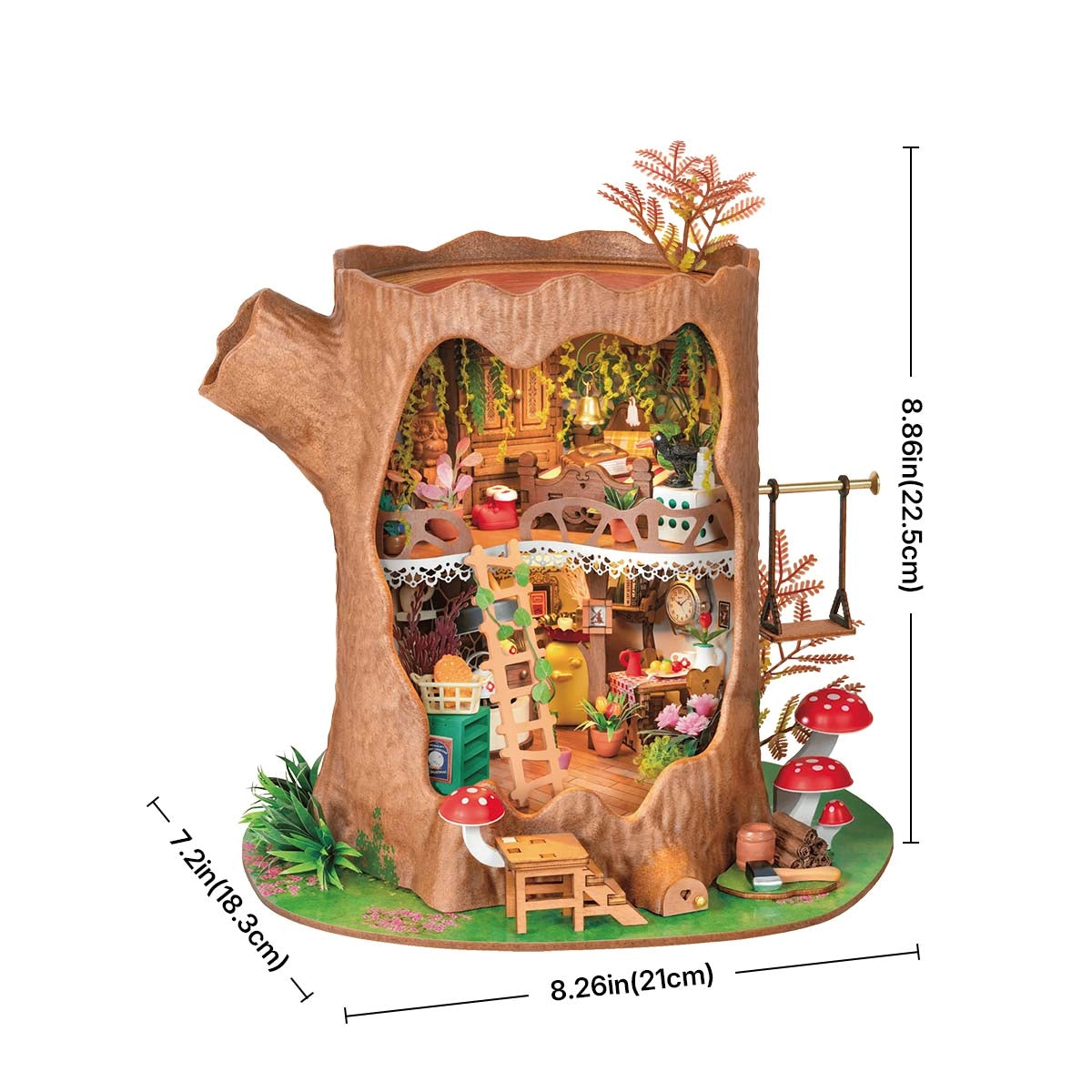 Rolife DIY Miniature House - Fairytale Tree House DG179: A whimsical tree-stump dollhouse kit with intricate two-story interior and garden details, emphasizing imagination and craftsmanship.