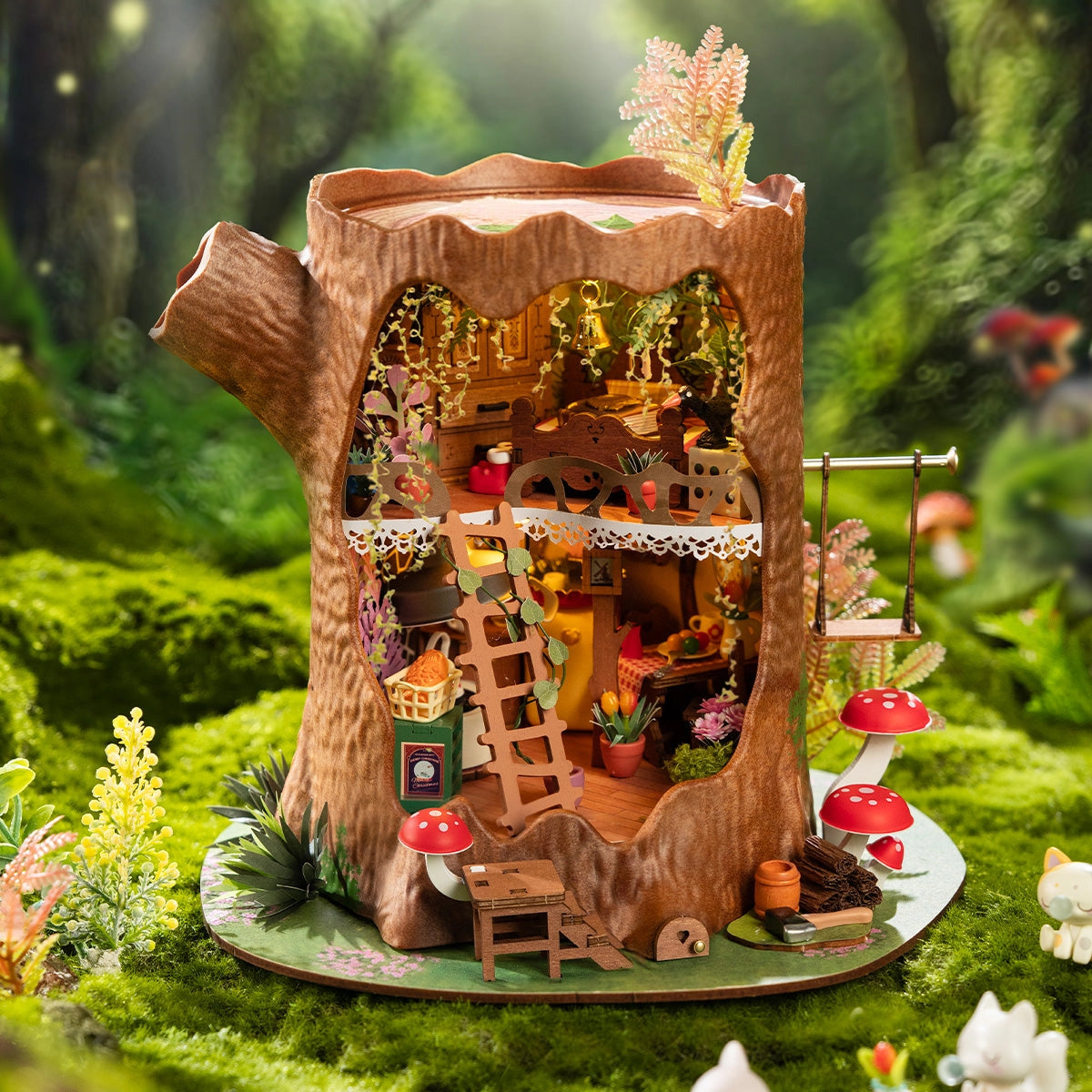 Rolife DIY Miniature House - Fairytale Tree House DG179: A detailed two-story dollhouse in a tree stump with tiny furniture, plants, and whimsical forest elements.
