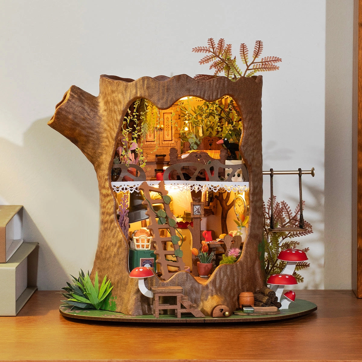 Rolife DIY Miniature House - Fairytale Tree House DG179: Handcrafted diorama with wooden furniture, potted plants, mushrooms, and soft lighting, embodying creativity and simplicity.