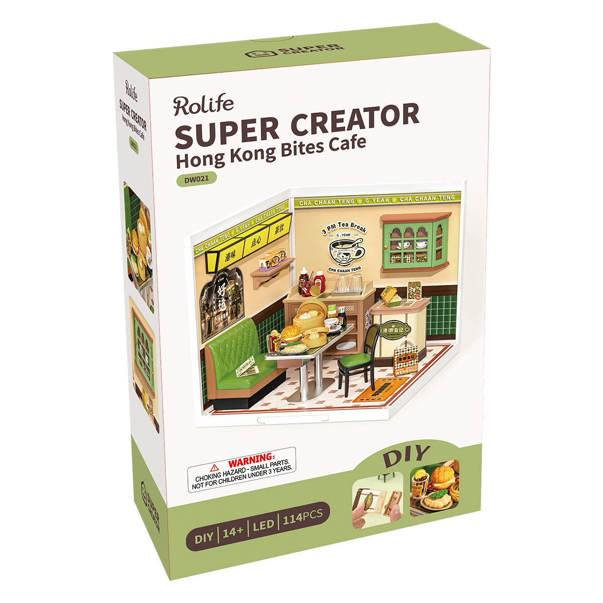 Rolife Super Creator Miniature House - Hong Kong Bites Cafe DW021 DIY kit, featuring 114 pieces, LED lighting, and Hong Kong-style café interior elements. Suitable for ages 14+.