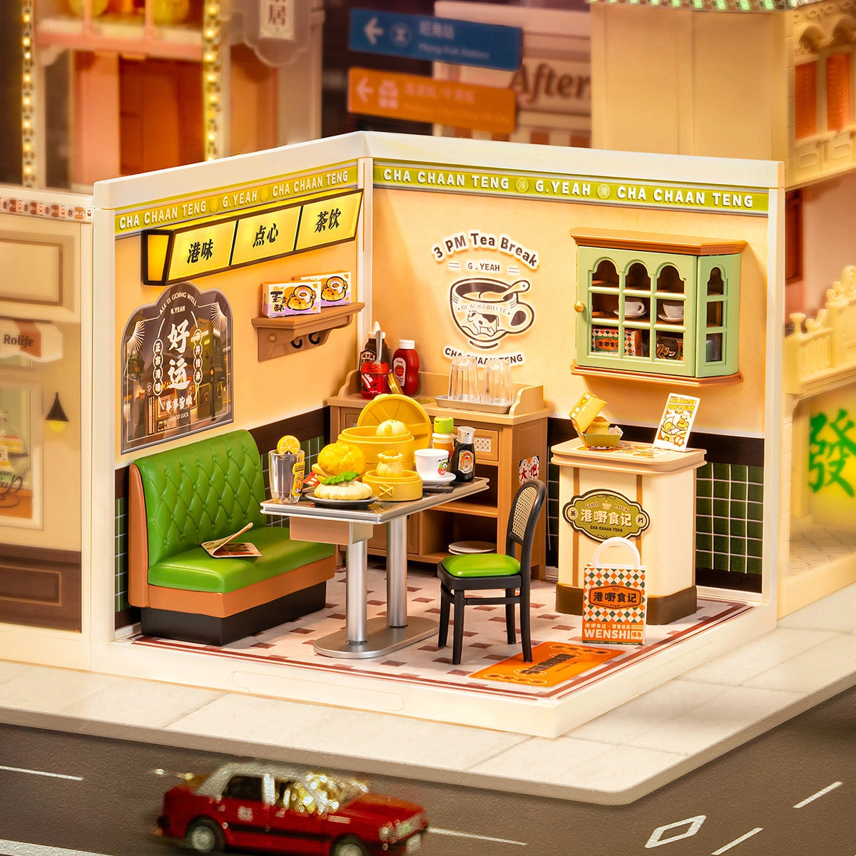 Rolife Super Creator Miniature House - Hong Kong Bites Cafe DW021 showcases a detailed diorama of a cha chaan teng with tiny booths, dim sum, and signage.