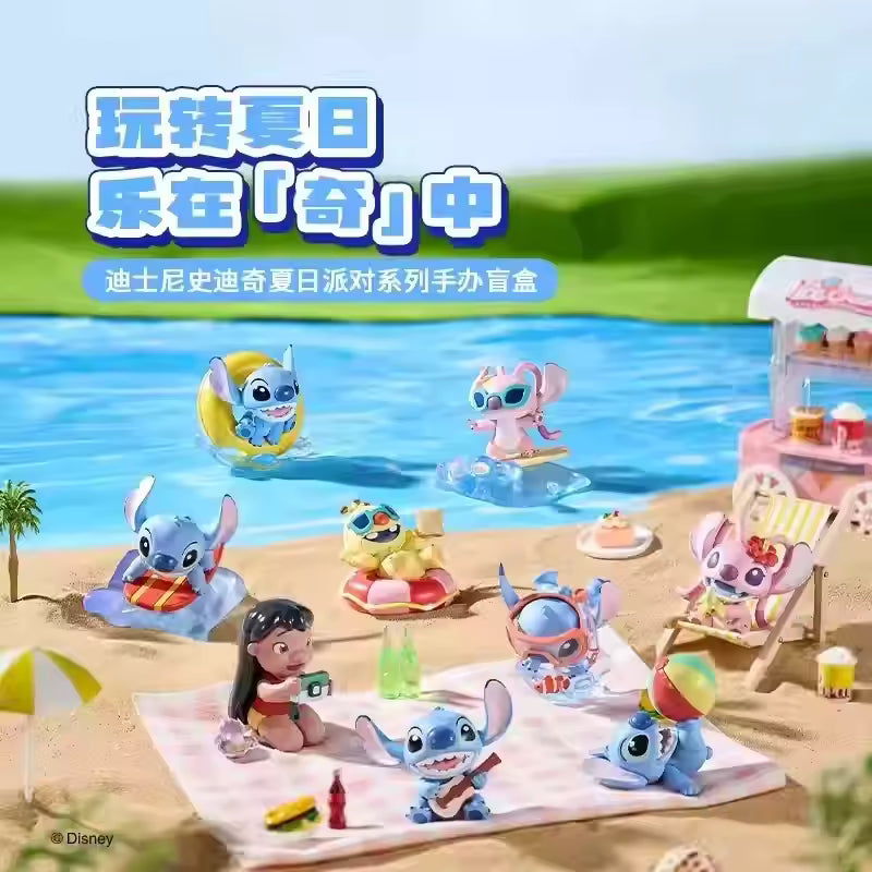Disney Stitch Summer Party Series figures on a beach, showcasing Stitch and Lilo enjoying various summer activities, available as blind-box collectibles.