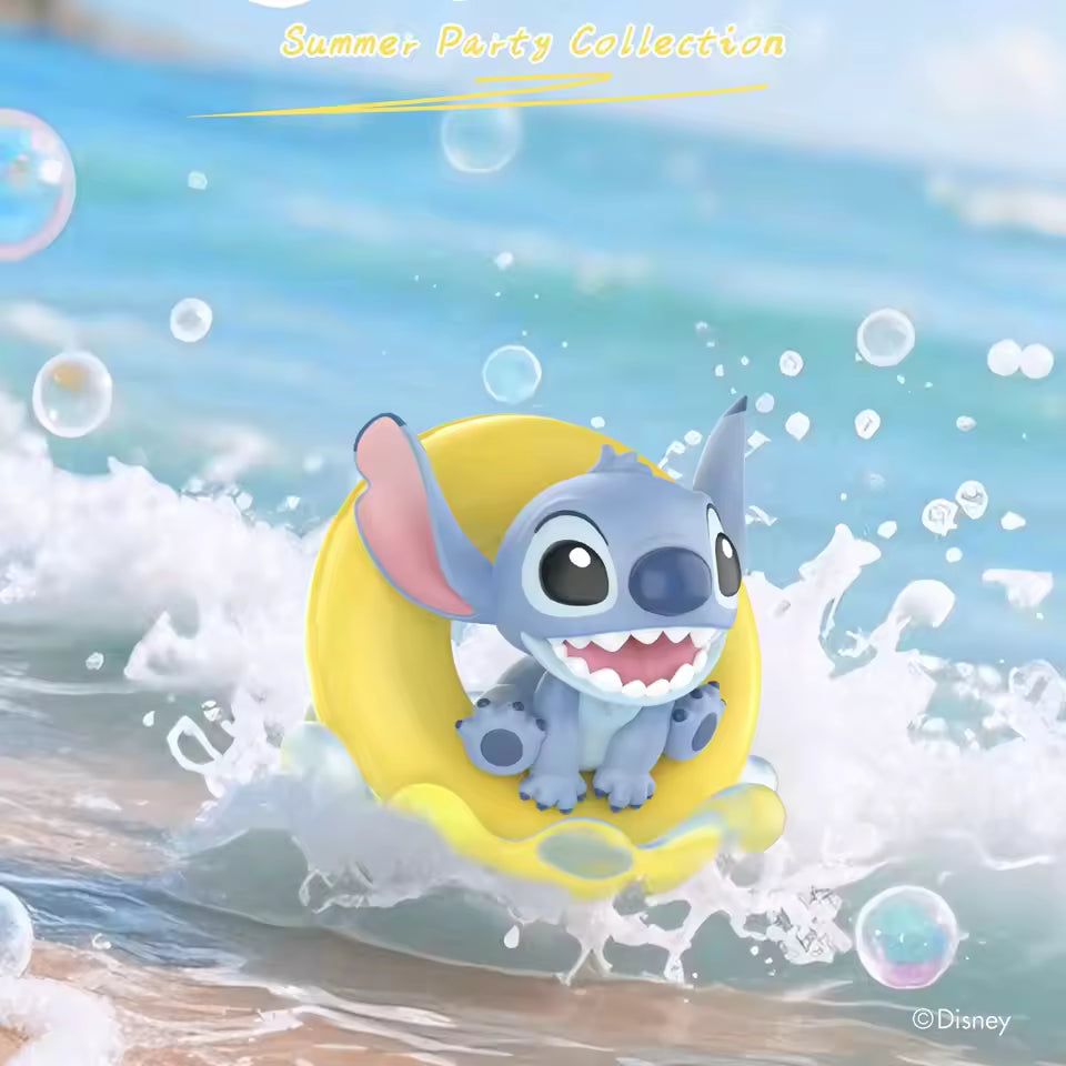 Disney Stitch Summer Party Series: Stitch enjoys a swim ring on ocean waves with bubbles, part of a preorder collection with 8 designs and 1 secret.