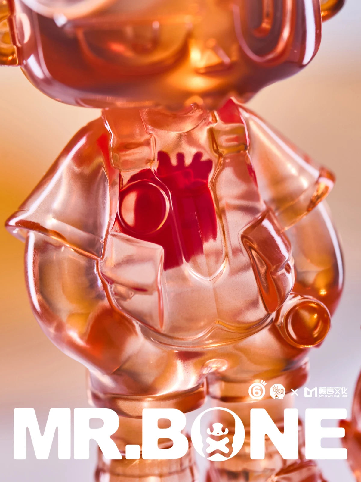 A close-up of MR.BONE Grylls - Heart Beat, a limited 12cm resin toy with a logo and red writing, embodying the blind box and art toy store essence.
