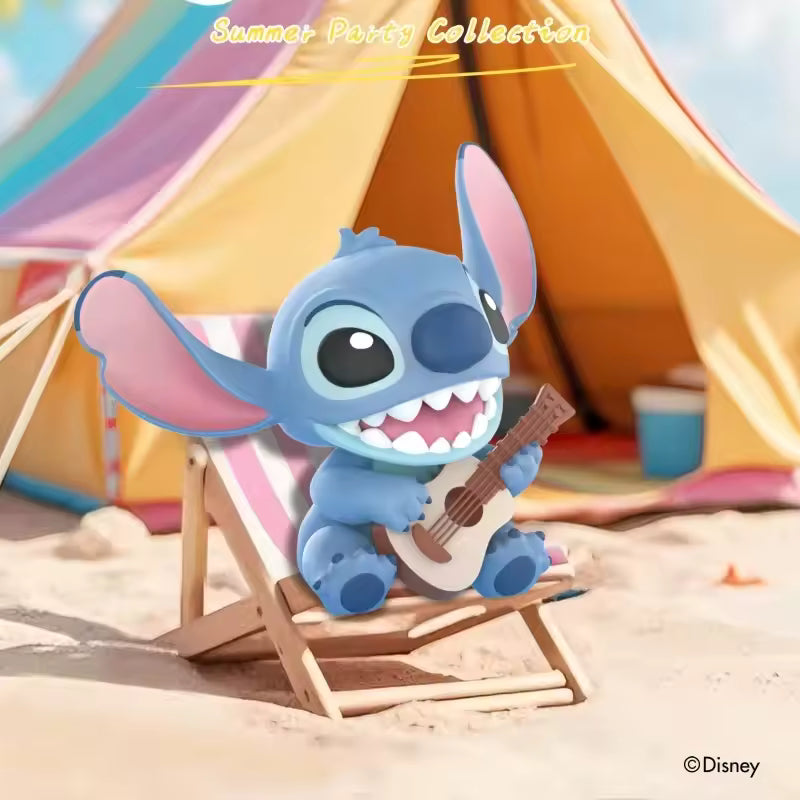 Disney Stitch Summer Party Series features Stitch on a beach chair with a ukulele, part of a vibrant summer-themed collection at Strangecat Toys.