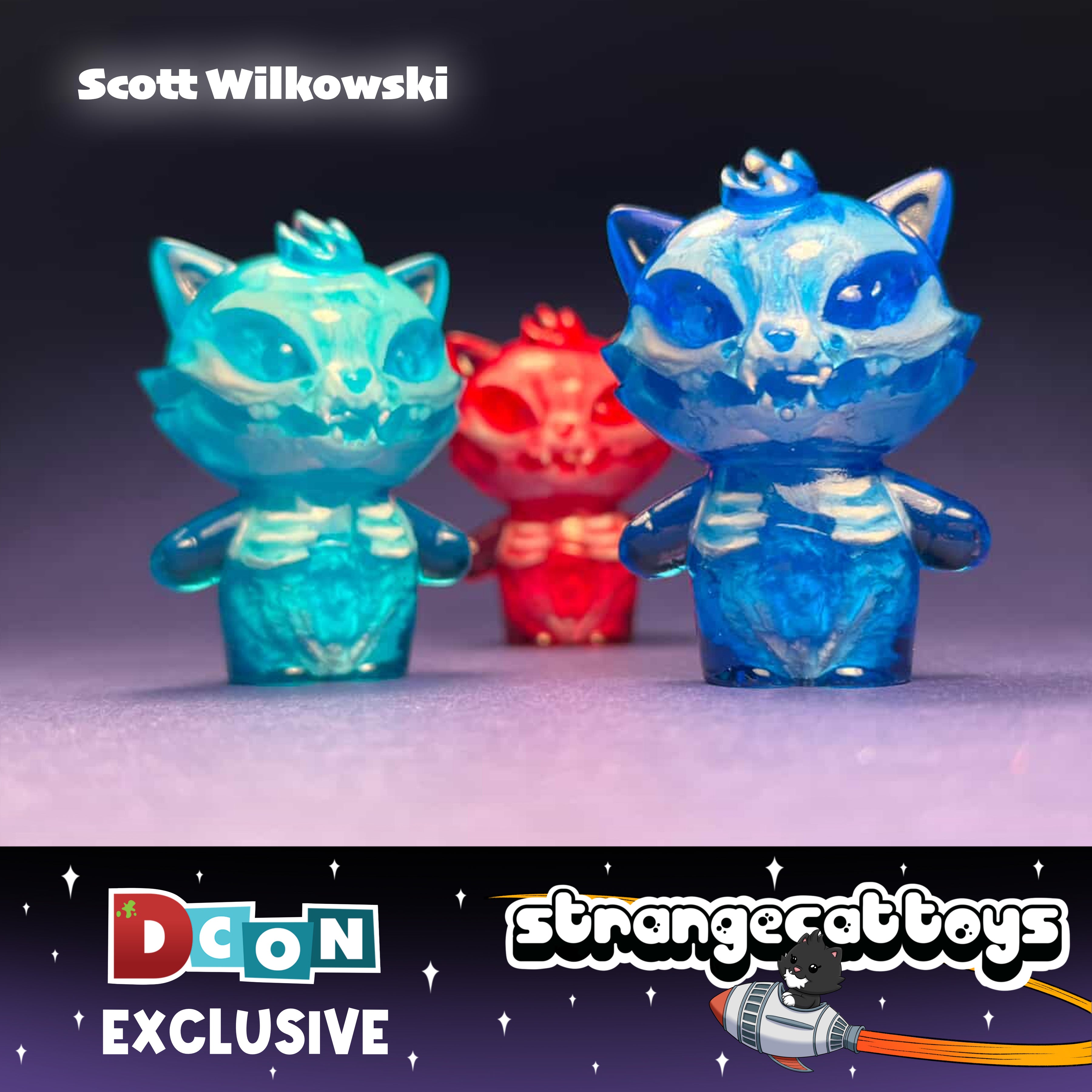 Grandpa by Scott Wilkowski: Three translucent vinyl/resin cat figures with skeleton-face details, DCon Exclusive, featuring Strange Cat Toys logo at the bottom.