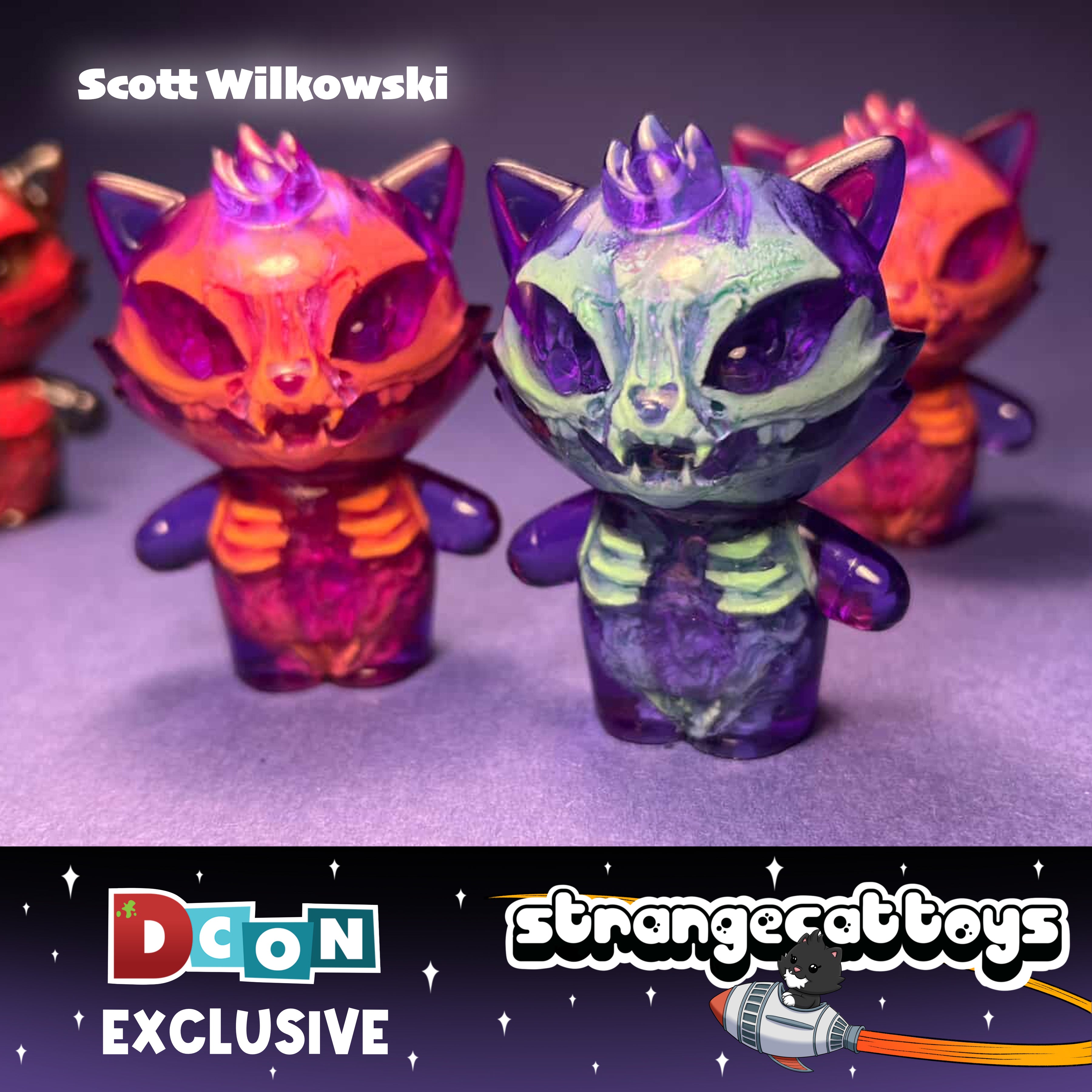 Grandpa figurines by Scott Wilkowski: trio of skeletal-style cats in vibrant resin, exclusive to StrangeCatToys.