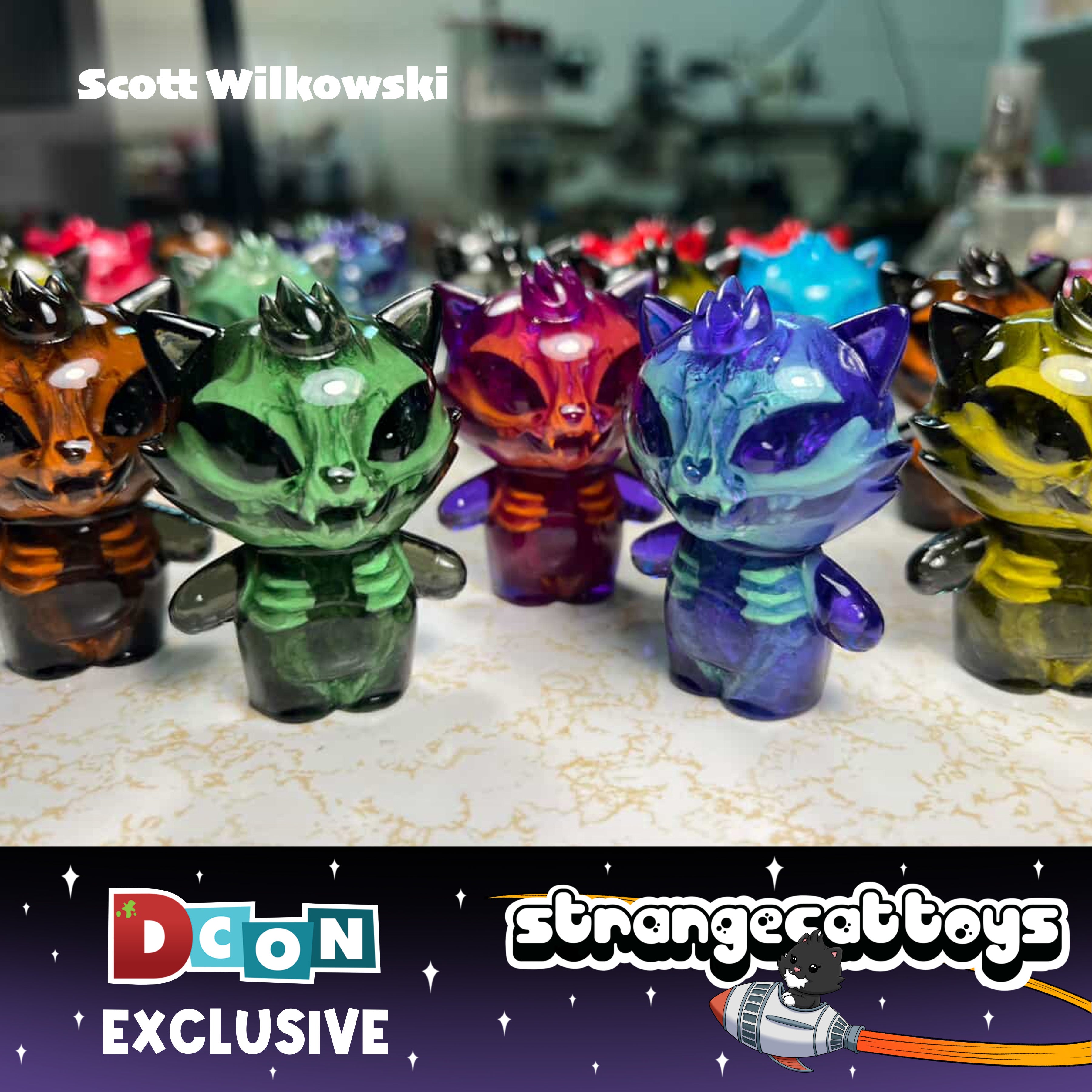 Grandpa by Scott Wilkowski: Limited-edition, translucent resin cat-demon figures with hollow eyes and tiny horns, exclusive to Strange Cat Toys for DesignerCon.