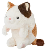 Posture Pal plush cat toy with calico patches, designed to aid posture by sitting upright on desks. Soft, comforting companion for workspaces.